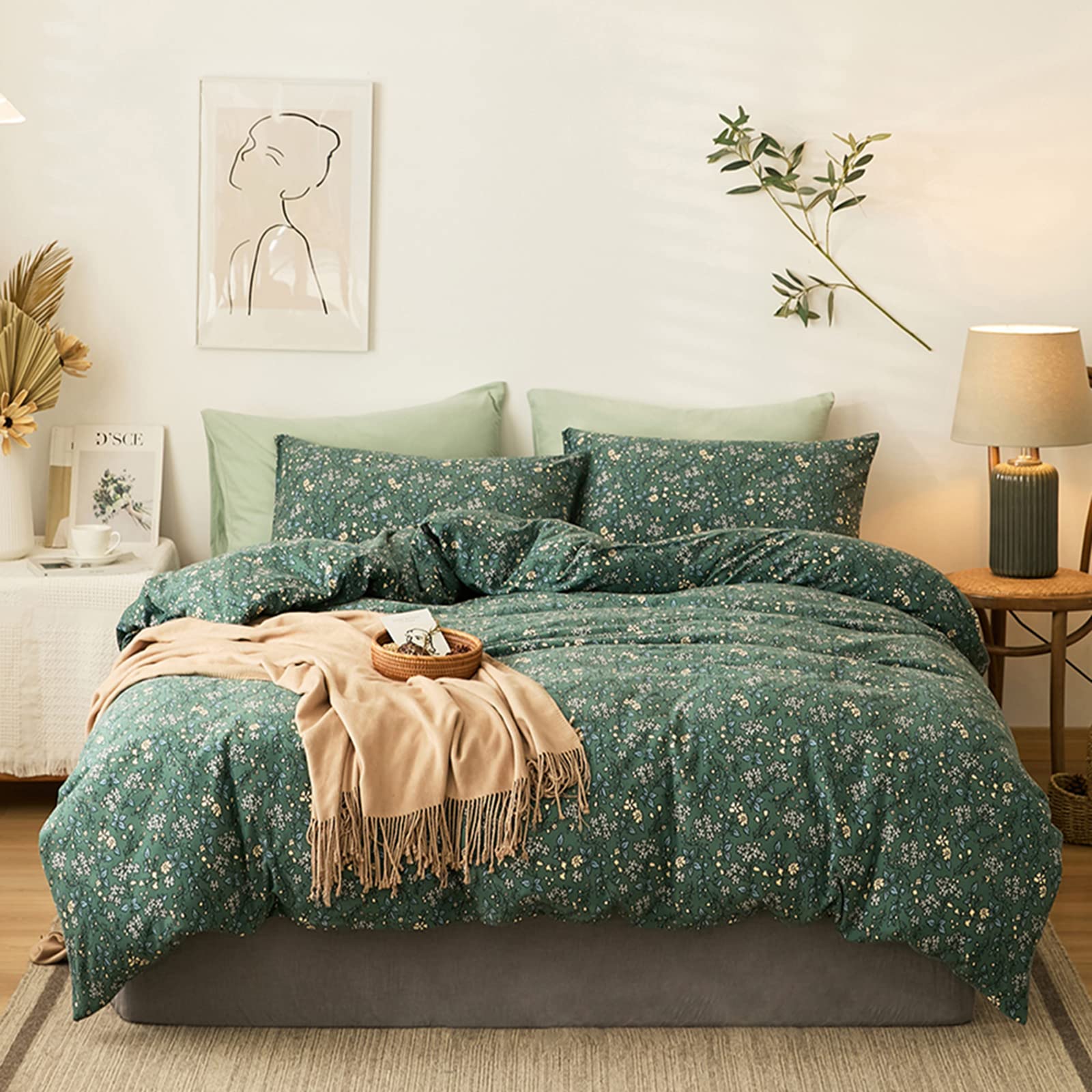 Highbuy Jersey Knit Cotton Duvet Cover Queen Green Floral 100% T-Shirt Cotton Comfy Bedding Set Super Soft Garden Chic Comforter