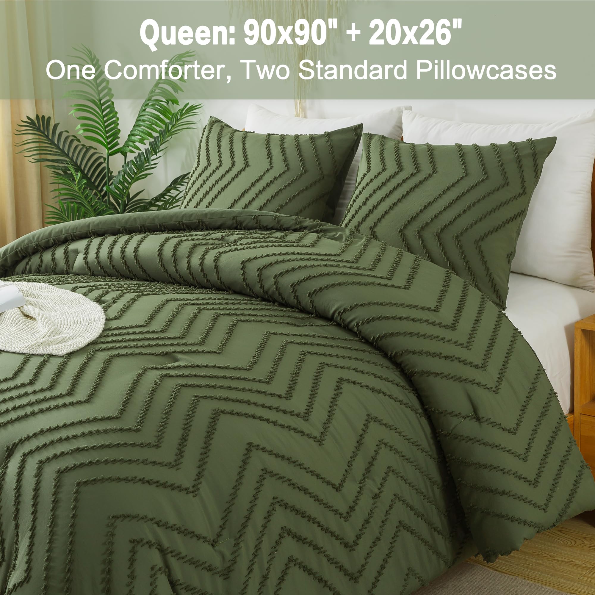 Litanika Dark Olive Green Queen Size Comforter Sets, 3 Pieces Lightweight Chevron Tufted Bedding Comforter Set, Fluffy Down Alte
