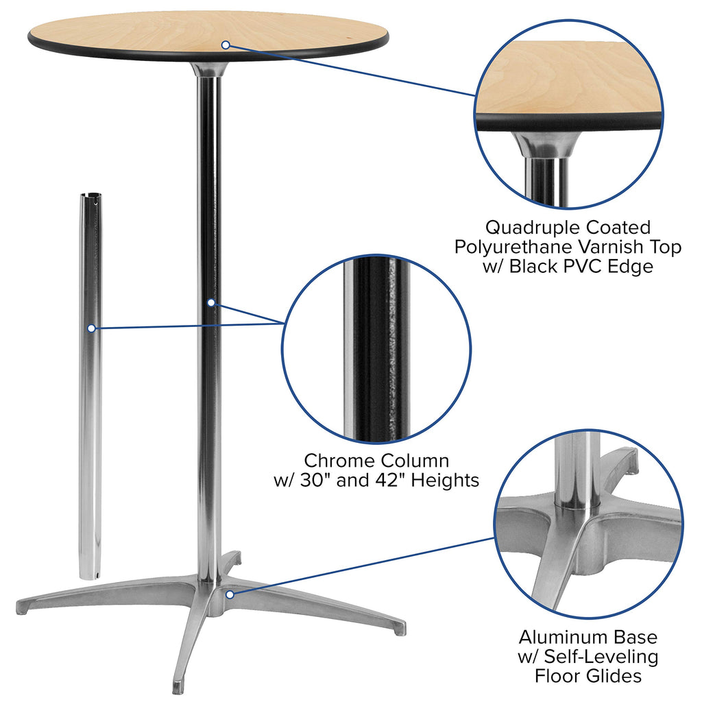Flash Furniture Lars 24'' Round Wood Cocktail Table with 30'' and 42'' Columns, Adjustable Wood Bar Height Table for Events or Home Use, Natural
