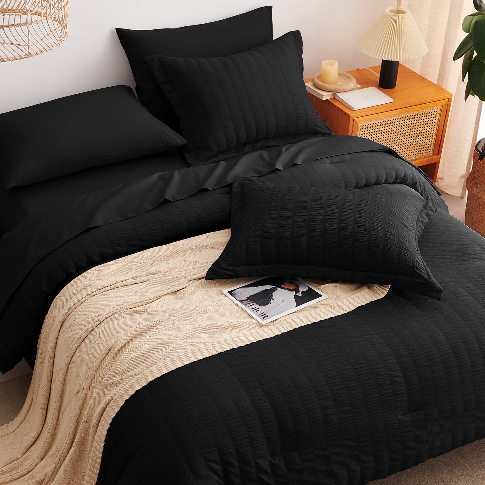 Cozylux King Seersucker Comforter Set With Black Bed In A Bag 7-Pieces All Season Bedding With Comforter, Pillow Sham, Flat Sheet, Fitted Sheet, Pillowcase
