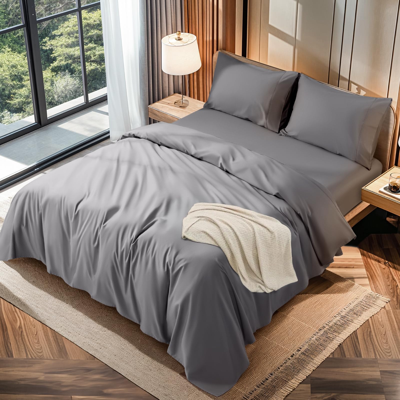Lbro2M 100% Cotton 1200 Thread Count Queen Size Sheets Set,16 Inches Deep Pocket,Bed Sheet 4 Piece Sets (Grey, Queen)