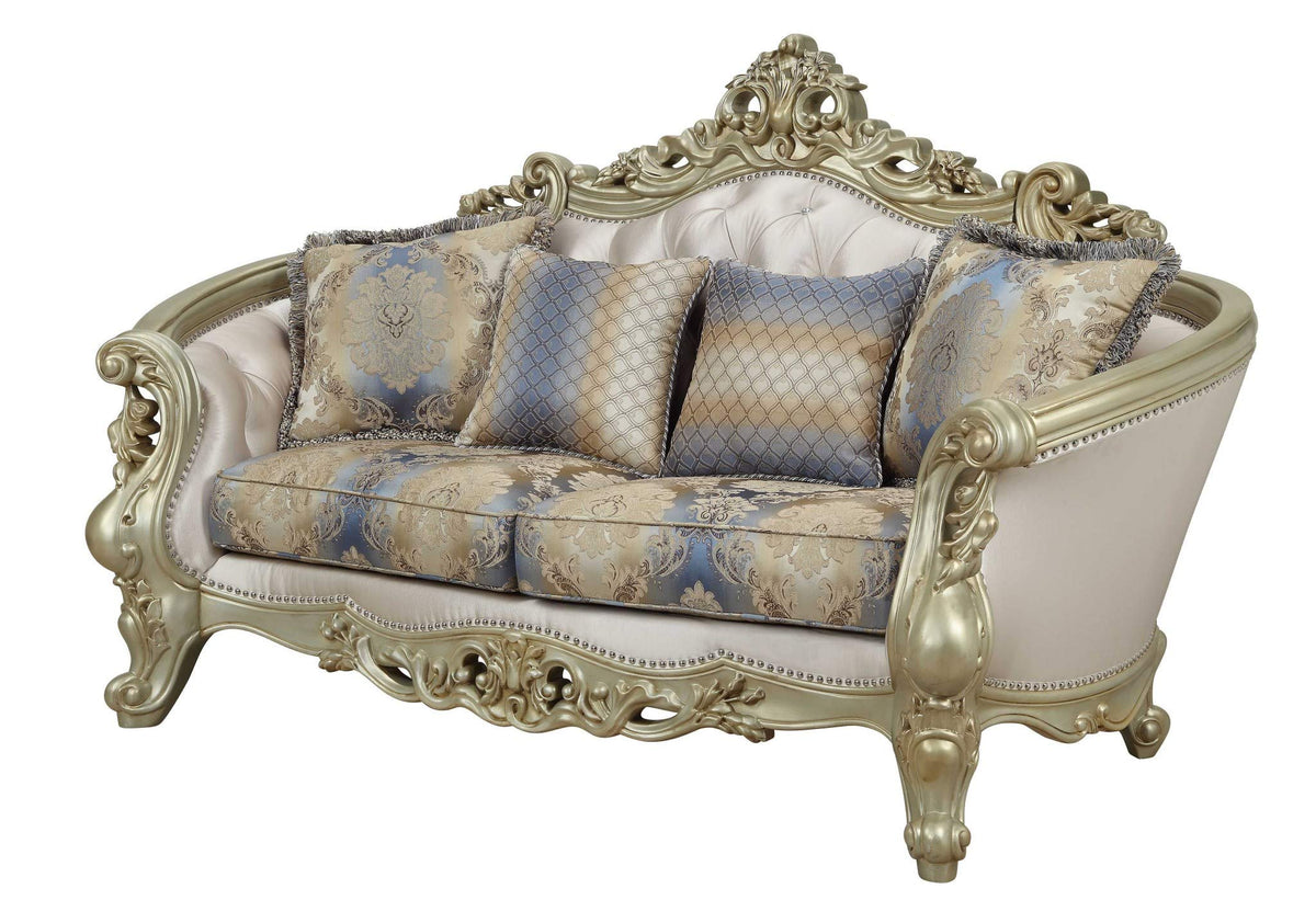 HomeRoots Upholstery, Poly-Resin 40' X 78' X 47' Fabric Antique White Upholstery Poly-Resin Loveseat w/4 Pillows