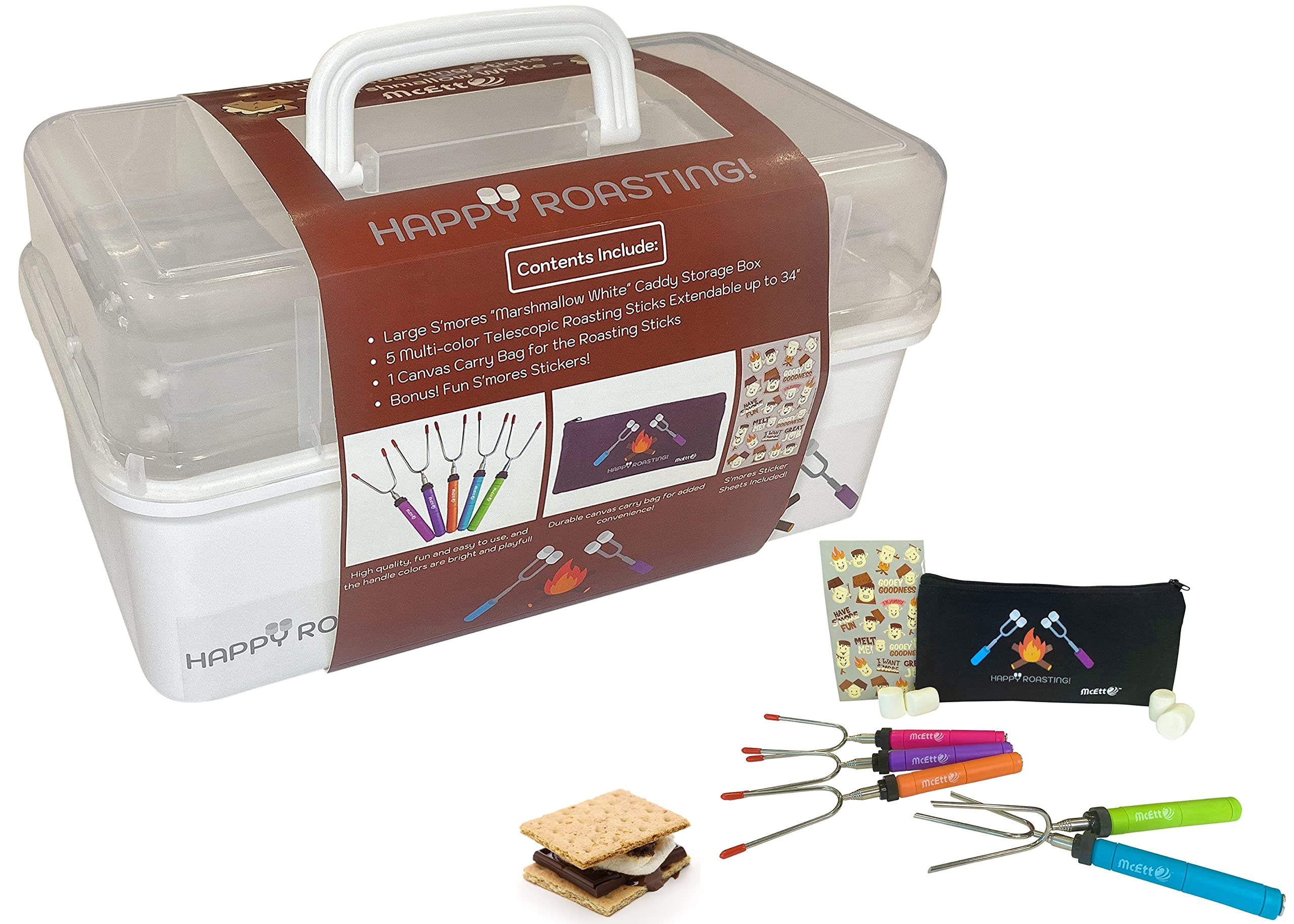 McEtt Smores Caddy - Multi-Tray S'mores Storage Box (Roasting Sticks ARE Included) & Fun Smores Stickers - Hold Marshmallows, Ch