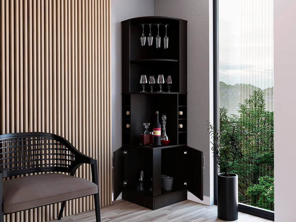 Egina Corner Bar Cabinet with Two Shelves at The Top, Glass Holder, 8 Exterior Bottle Racks, Central Shelf, Lower Drawer with 2 Side Doors, 71" H, Black, Living Room