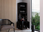Egina Corner Bar Cabinet with Two Shelves at The Top, Glass Holder, 8 Exterior Bottle Racks, Central Shelf, Lower Drawer with 2 Side Doors, 71" H, Black, Living Room
