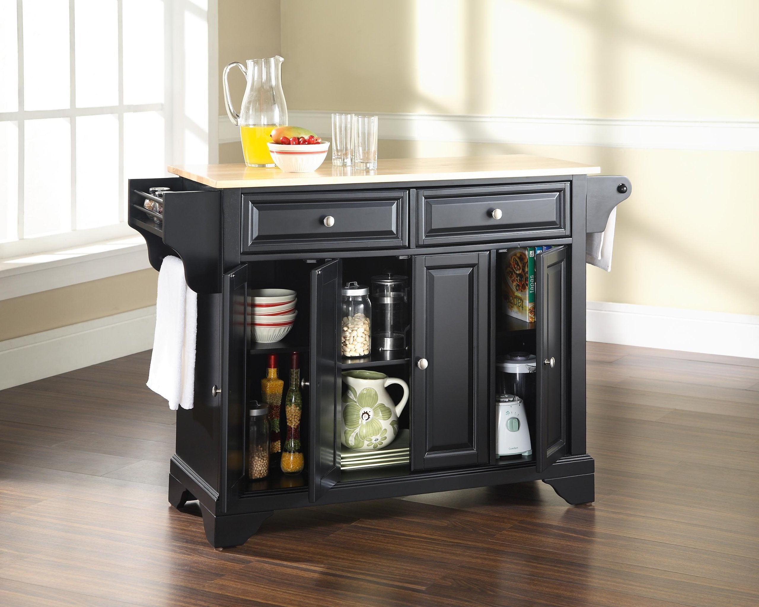 Crosley Furniture Lafayette Wood Top Rolling Kitchen Island Storage Cart, Microwave Stand, Spice Rack, Black