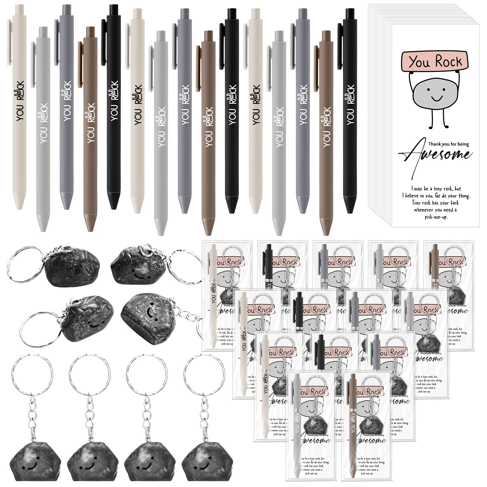 Sayglossy 50 Set Motivational You Rock Appreciation Gifts Bulk Inspirational You Rock Ballpoint Pens Stone Keychains Cards Posit