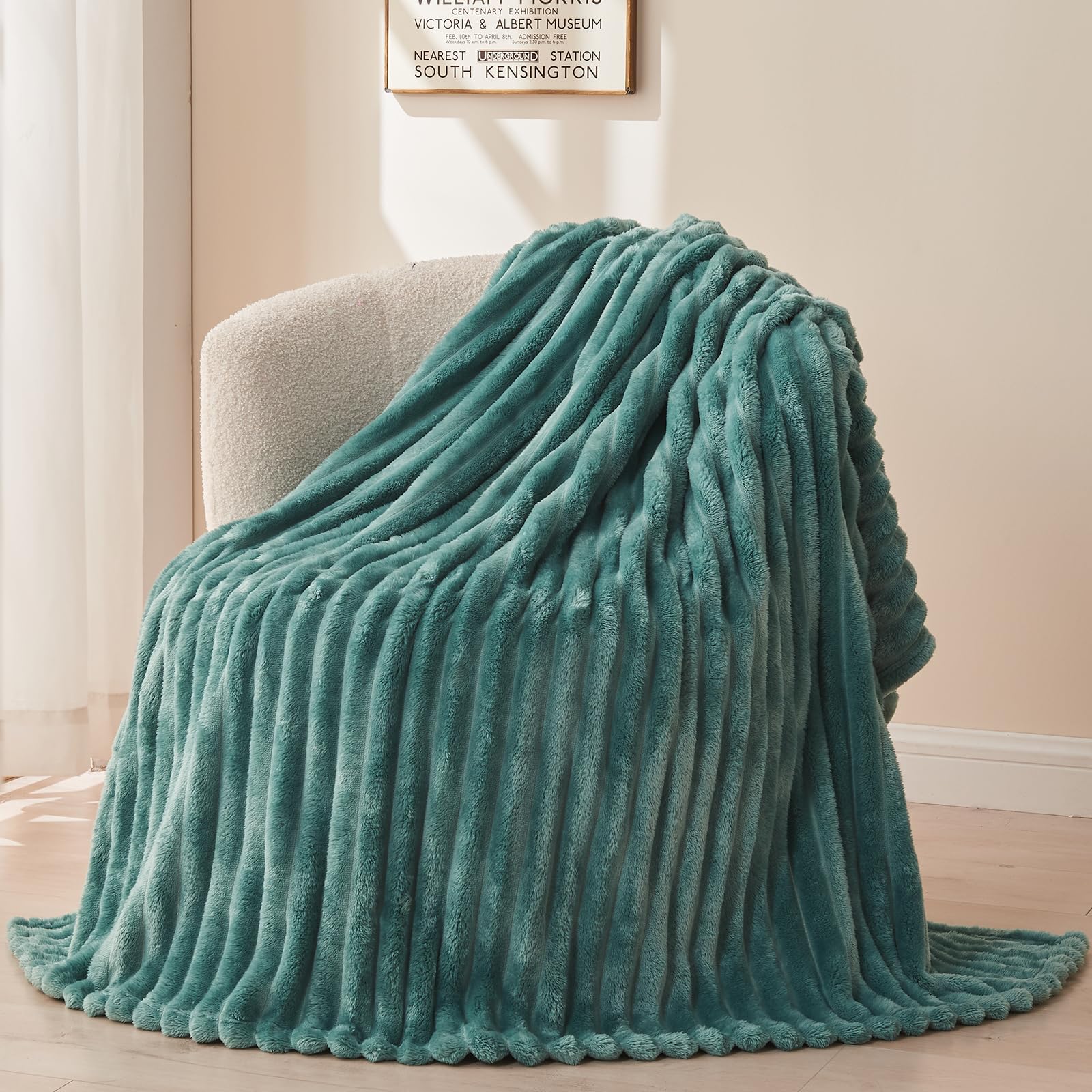 Newcosplay Super Soft Twin Blanket Light Teal Premium Silky Flannel Fleece 3D Ribbed Jacquard Lightweight Bed Blanket All Season