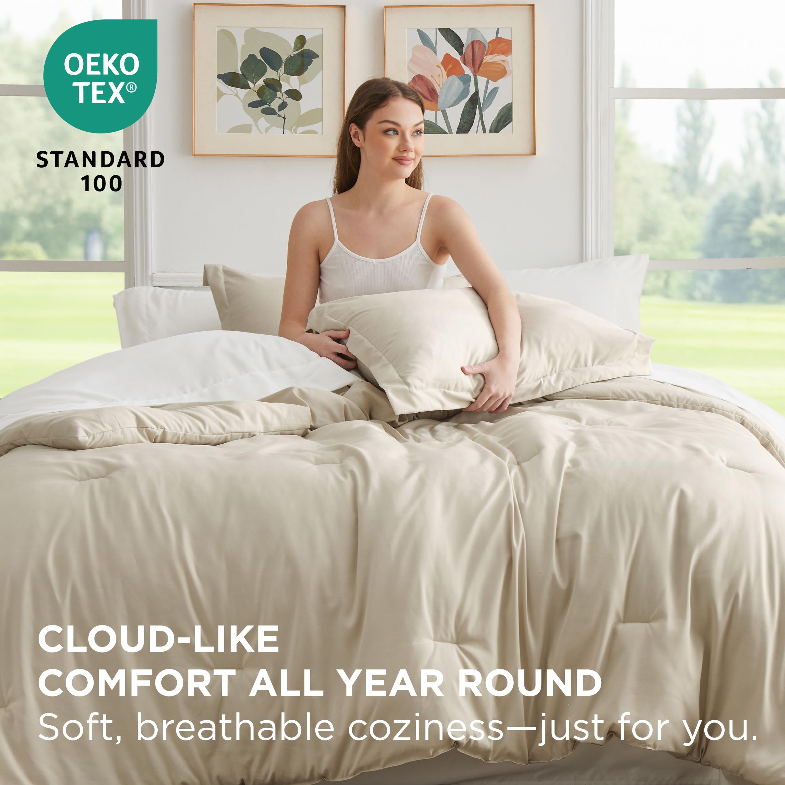 Bedsure Full Size Comforter Set - 7 Pieces Beige Full Bedding Set For All Seasons, Boho Contrasting Design Bed In A Bag With Comforter, Sheets, Pillowcases & Shams