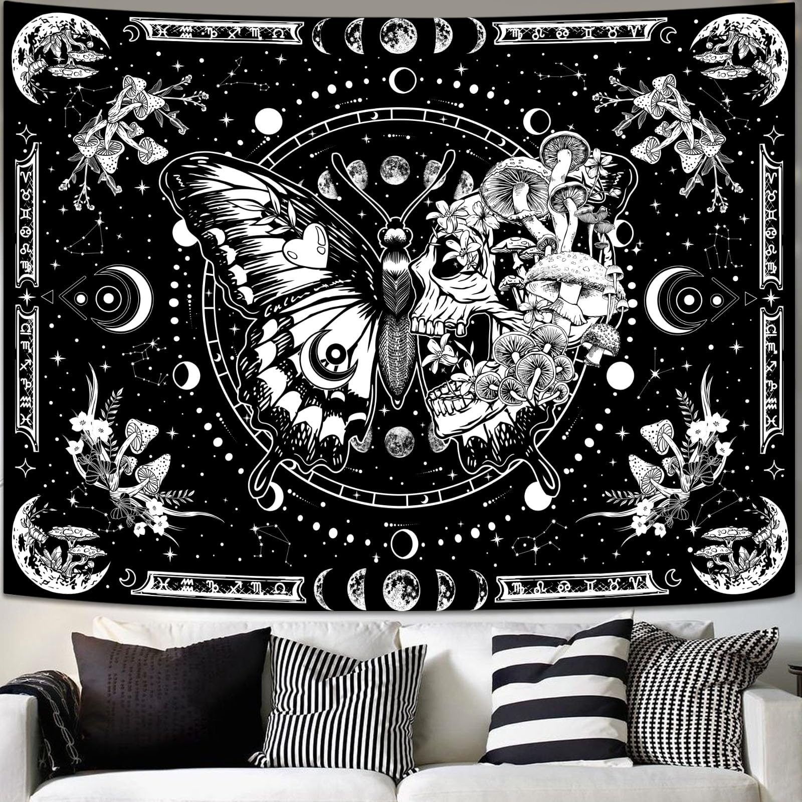 Fungarth Skeleton Butterfly Tapestry Black And White Skull Mushroom Plants Tapestries Hippie Aesthetic Tapestry Wall Hanging For