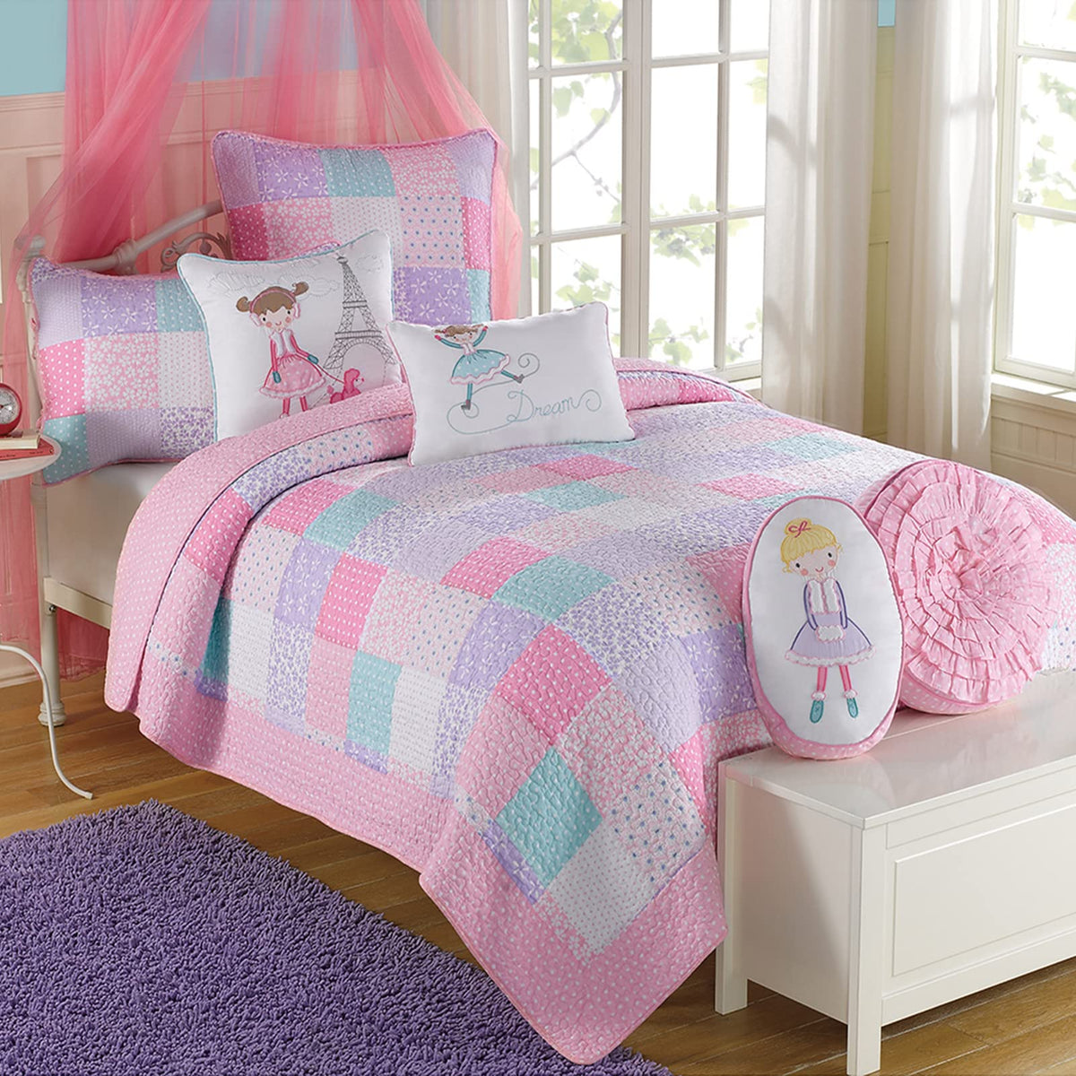 Cozy Line Home Fashions Angelina Floral Dot Pink Light Purple Blue 100% Cotton Reversible Girl Quilt Bedding Set, Bedspread, Cov