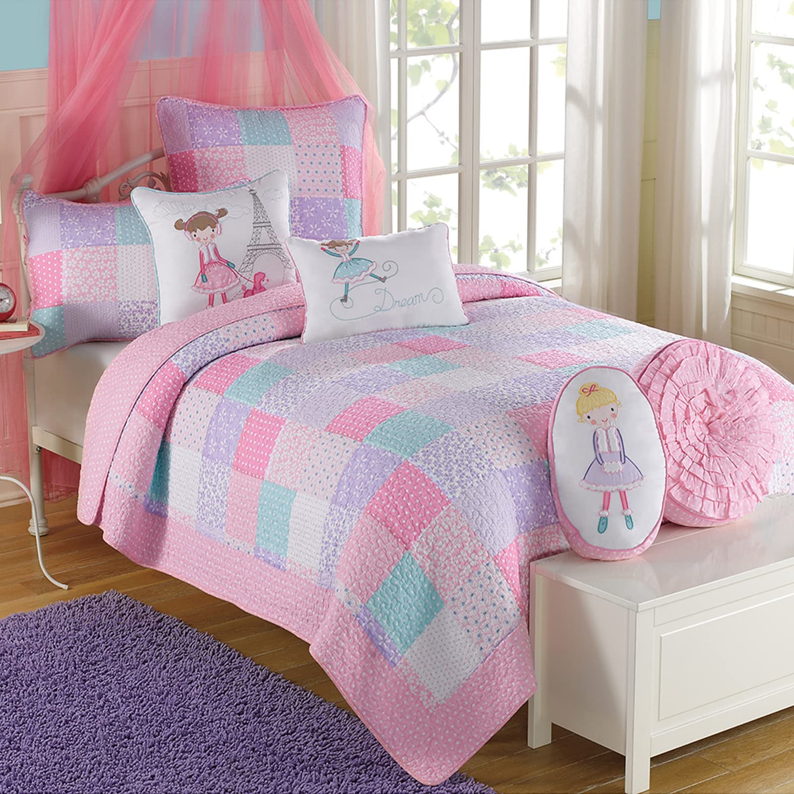 Cozy Line Home Fashions Angelina Floral Dot Pink Light Purple Blue 100% Cotton Reversible Girl Quilt Bedding Set, Bedspread, Cov