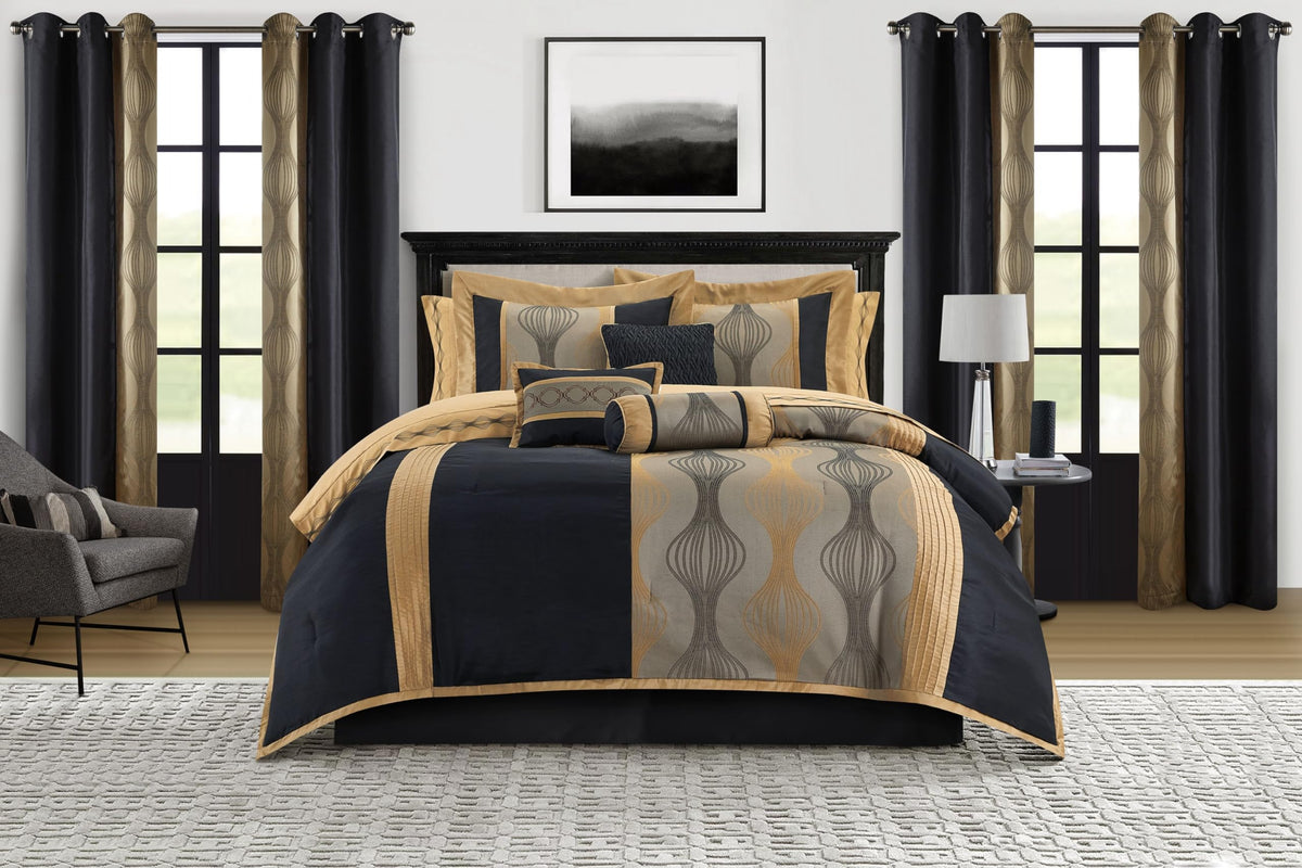 Stratford Park Elegant Black And Gold Comforter Set King Size, Striped,15 Piece Room-In-A-Bag, Jacquard Bedding Set, All Season,