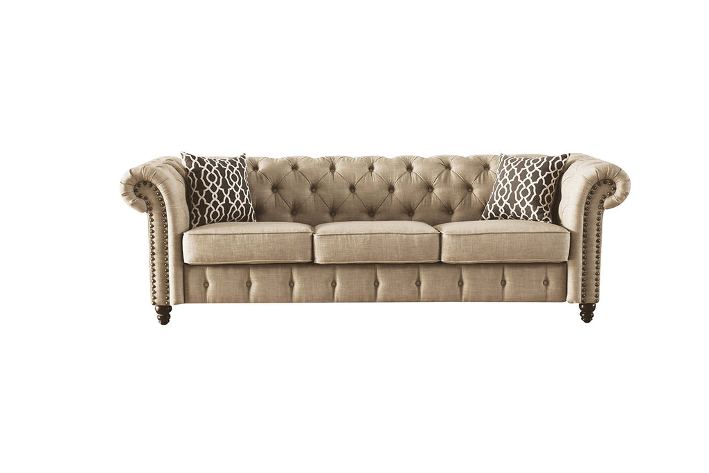 Acme Aurelia Nailhead Trim Tufted Sofa with 2 Pillows in Beige Linen