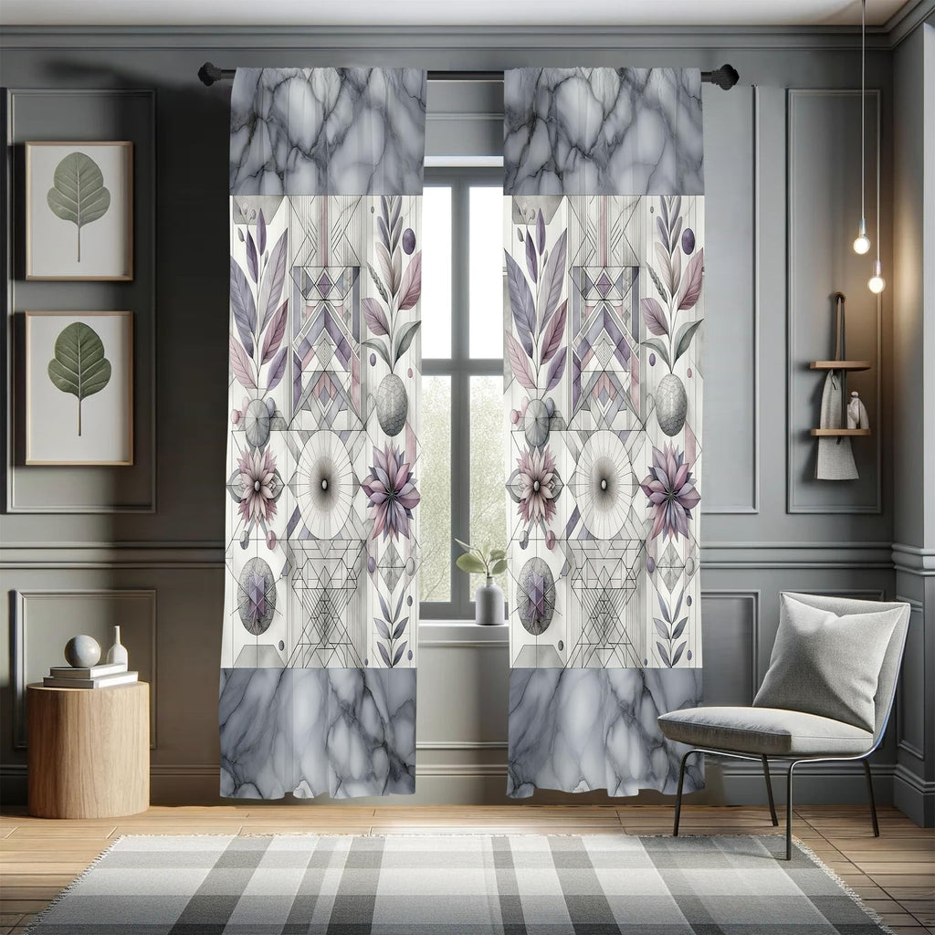 Ambesonne Geometric Floral Window Curtains, Classic Marble Print Ornate Leafy Flowers and Futurist Stripes, Lightweight Decor 2-