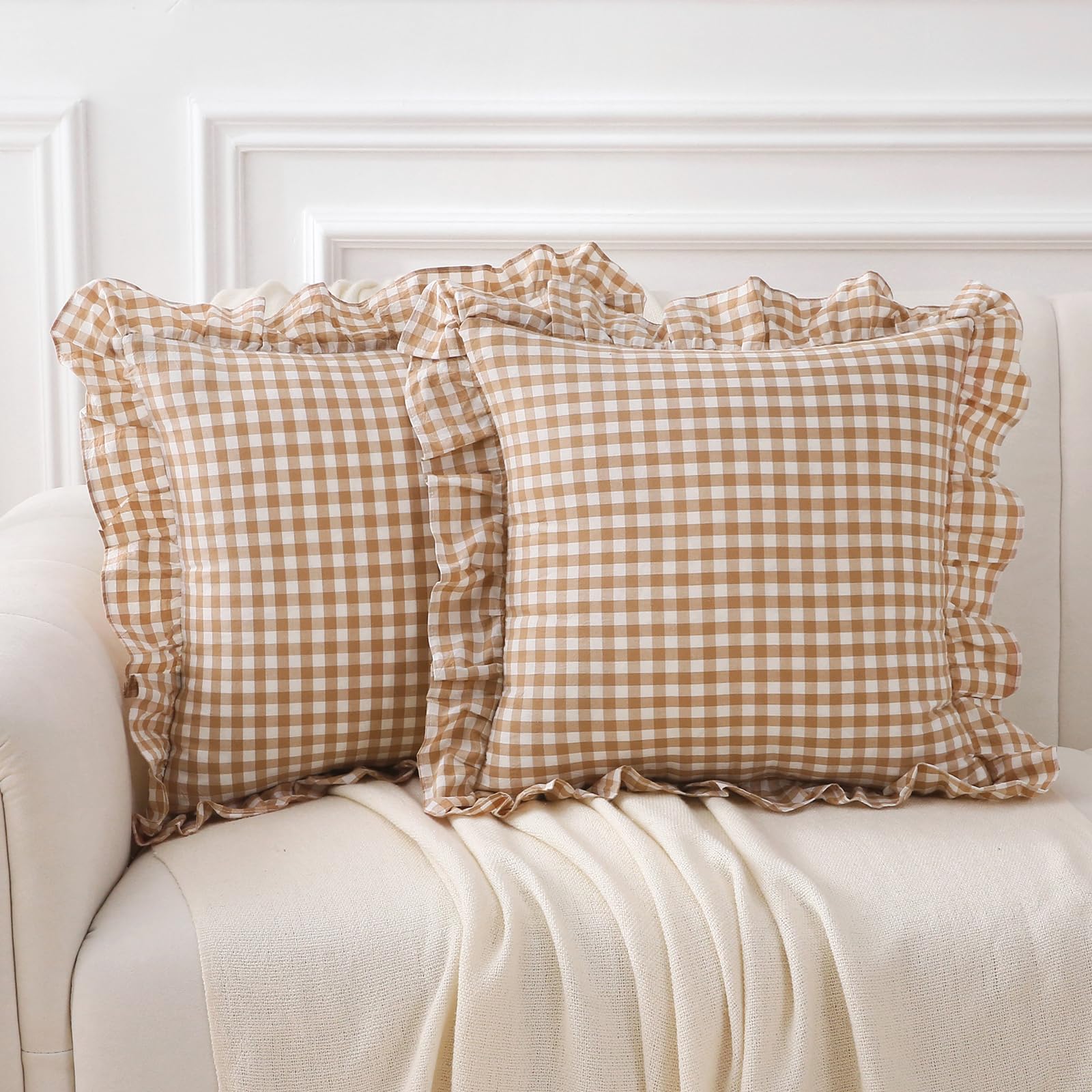 K Masaniji 2 Pack Taupe White Plaid Ruffle Gingham Throw Pillow Covers 18X18 Inches, 100% Washed Cotton Checkered Farmhouse Pill