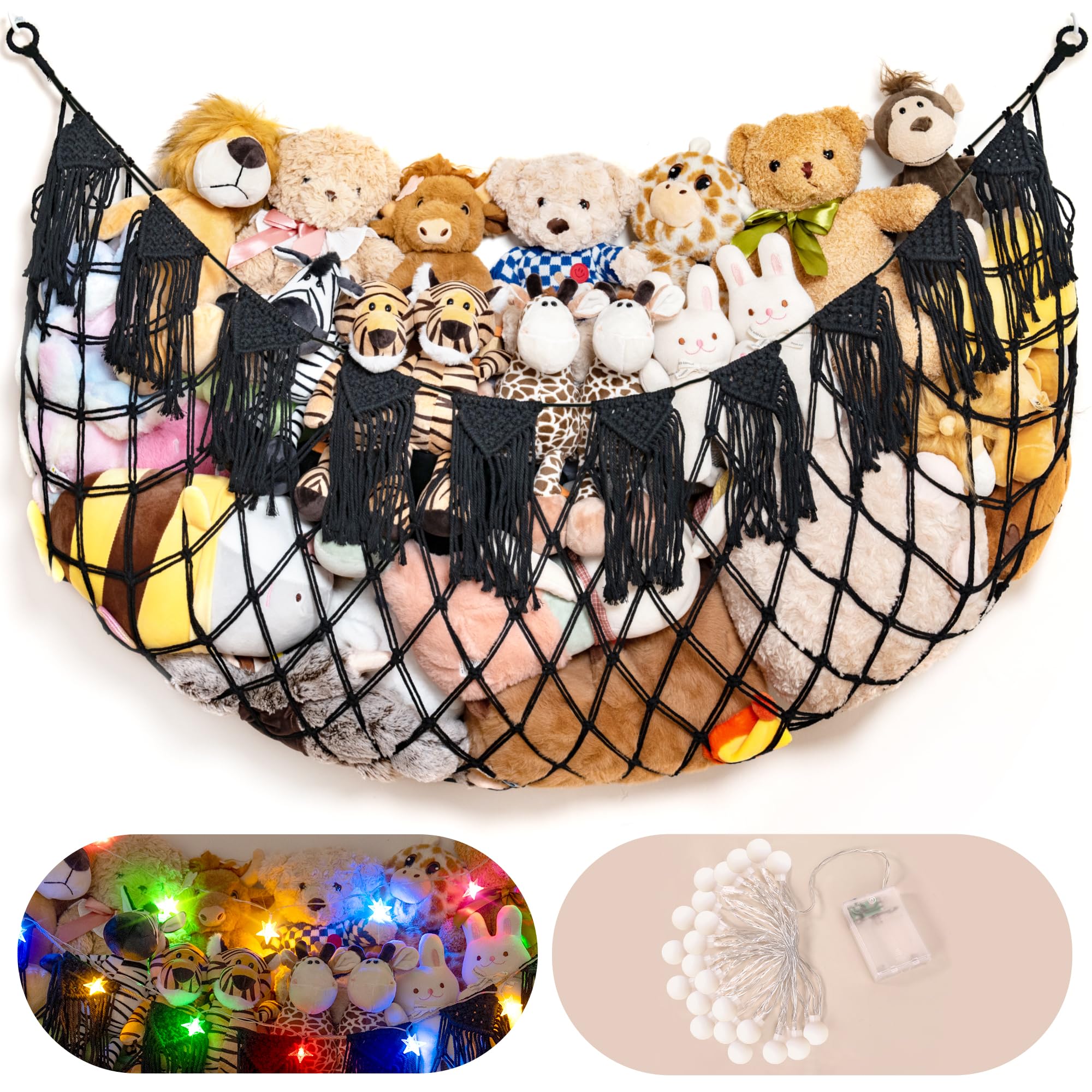 Stuffed Animal Storage Hammock with Lights- Boho Wall Hanging Plushie Net for Stuff Aanimal Organizer and Toy Display, Big Toy H