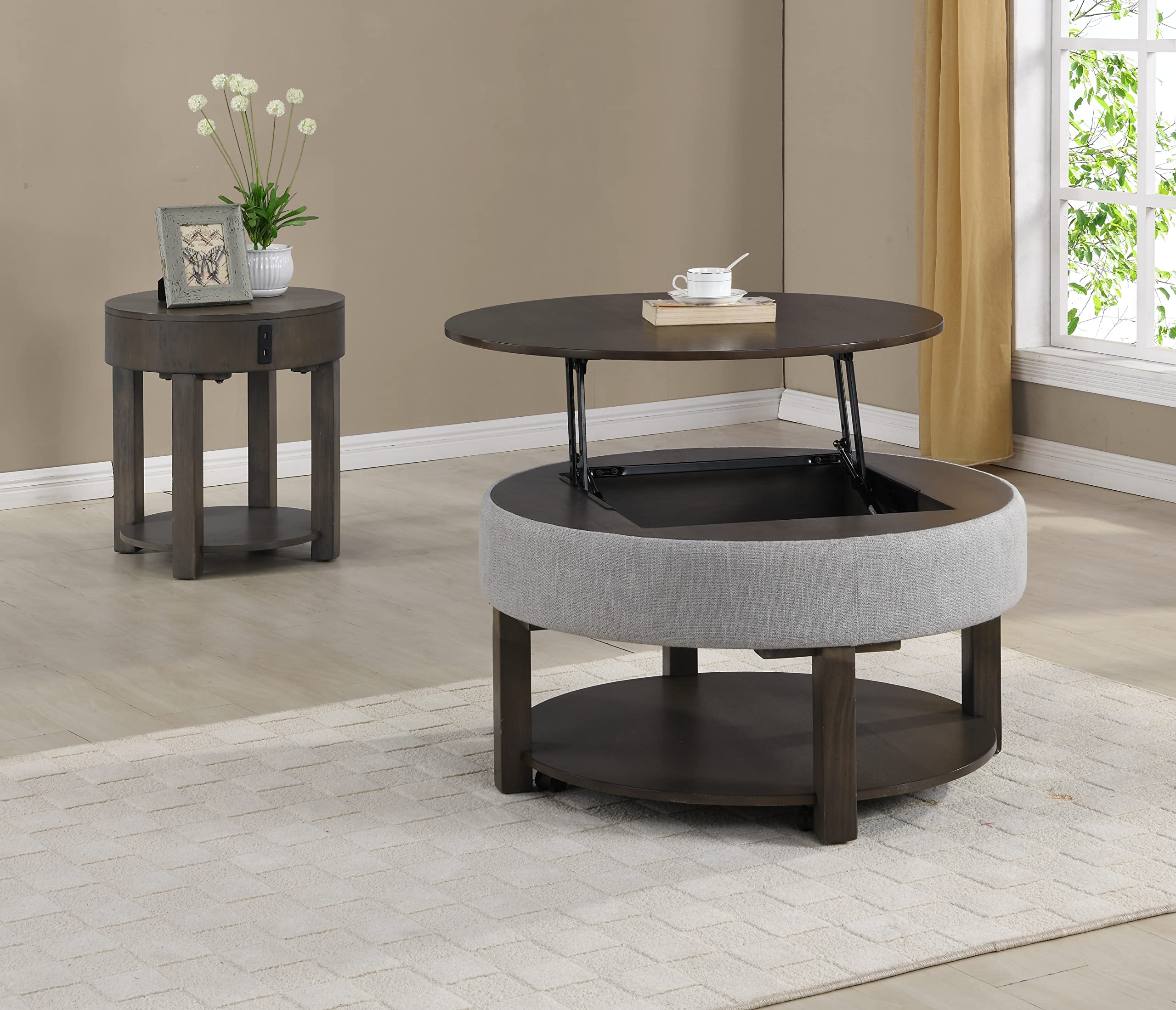 Lilola Home Jonah 2 Piece Light Brown MDF Lift Top Coffee and End Table Set