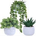 Winlyn 3 Pcs Assorted Small Potted Succulent Plants Artificial Aloe Hanging Succulent in White Geometric Concrete Ceramic Pots f