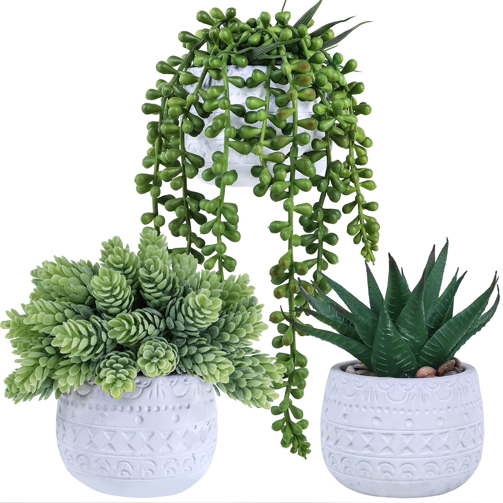 Winlyn 3 Pcs Assorted Small Potted Succulent Plants Artificial Aloe Hanging Succulent in White Geometric Concrete Ceramic Pots f