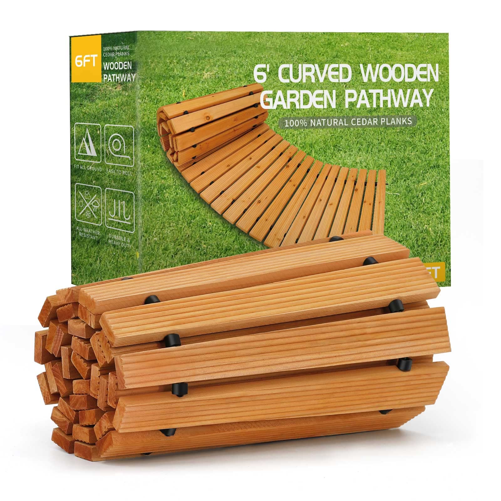 Reliancer 6' Wooden Garden Pathway,Outdoor Roll Out Cedar Curved Walkway,Patio Path Decorative Garden Boardwalk Walkways,Weather