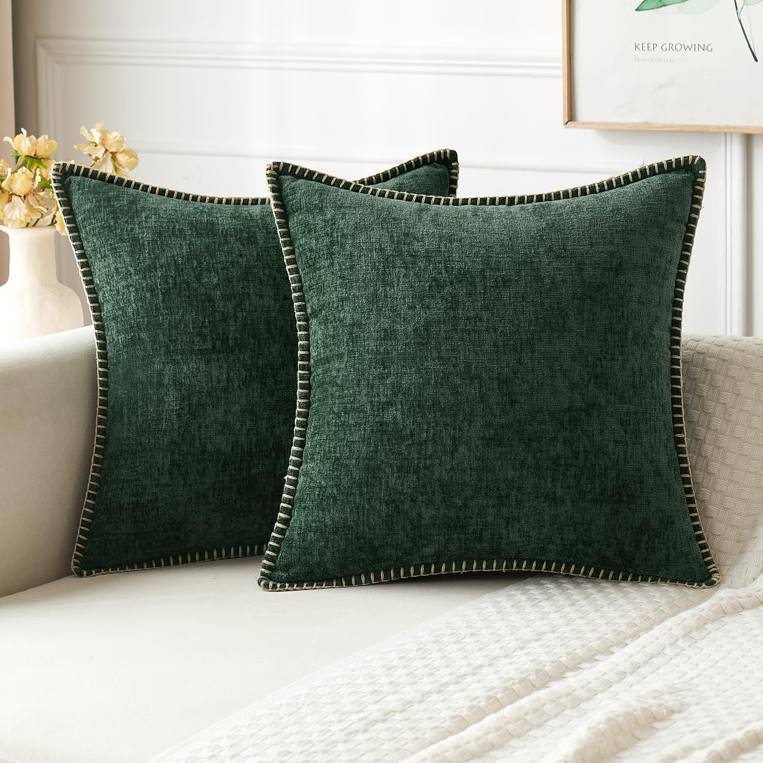 Miulee Pack Of 2 Couch Throw Pillow Covers 20X20 Inch Dark Green Farmhouse Decorative Pillow Covers With Stitched Edge Soft Chen