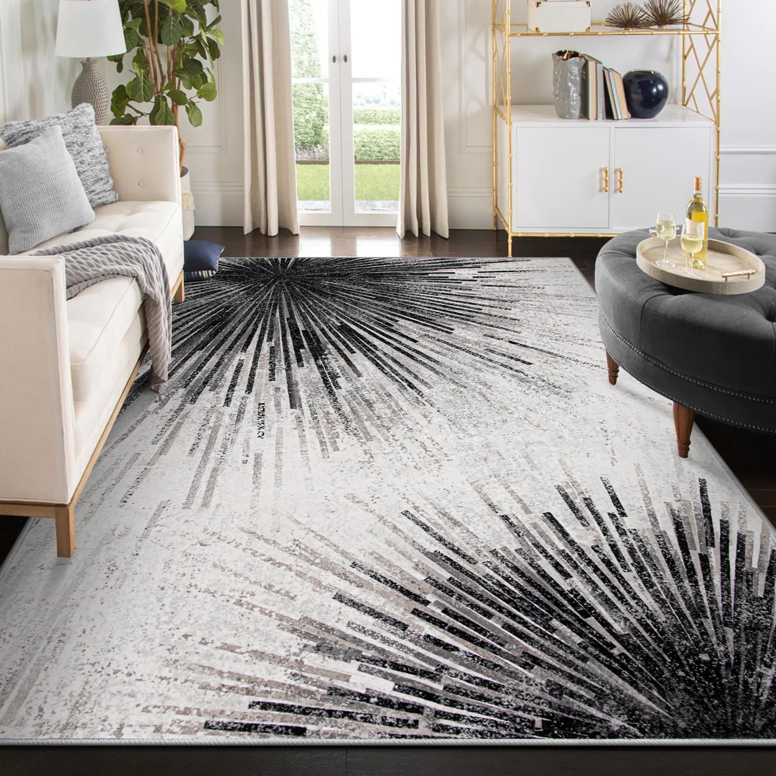 Lahome Modern Black 8 x 10 Area Rugs for Living Room - Washable Non-Slip Backing Large Rug Ultra-Thin Stain Resistant Dining Roo