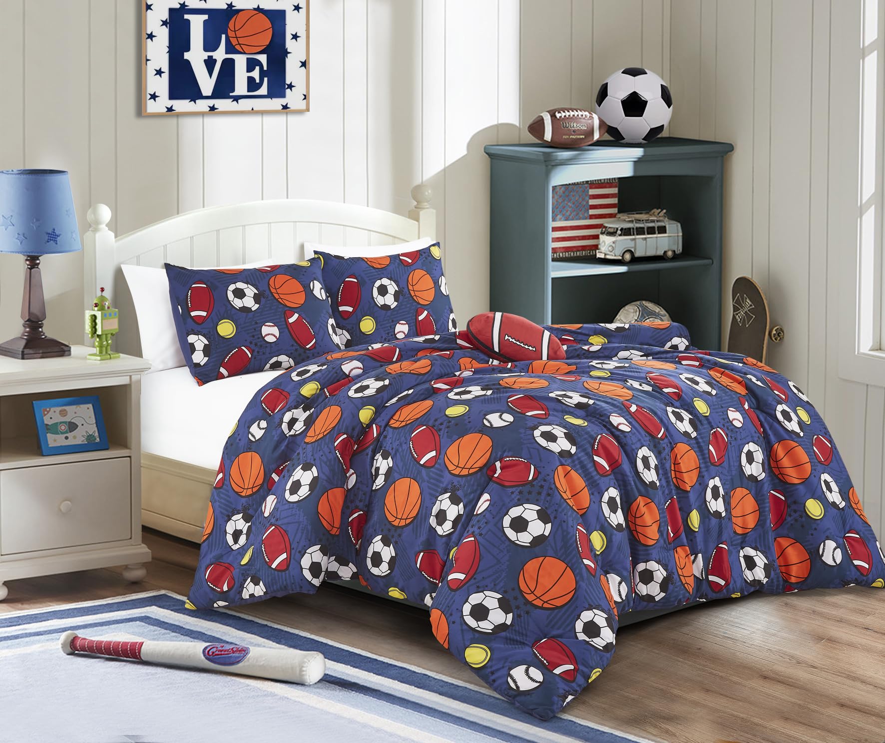 Chezmoi Collection 4-Piece Kids Sports Balls Bedding Comforter Set Full/Queen Size - Soft Microfiber Navy Blue Gray Orange White