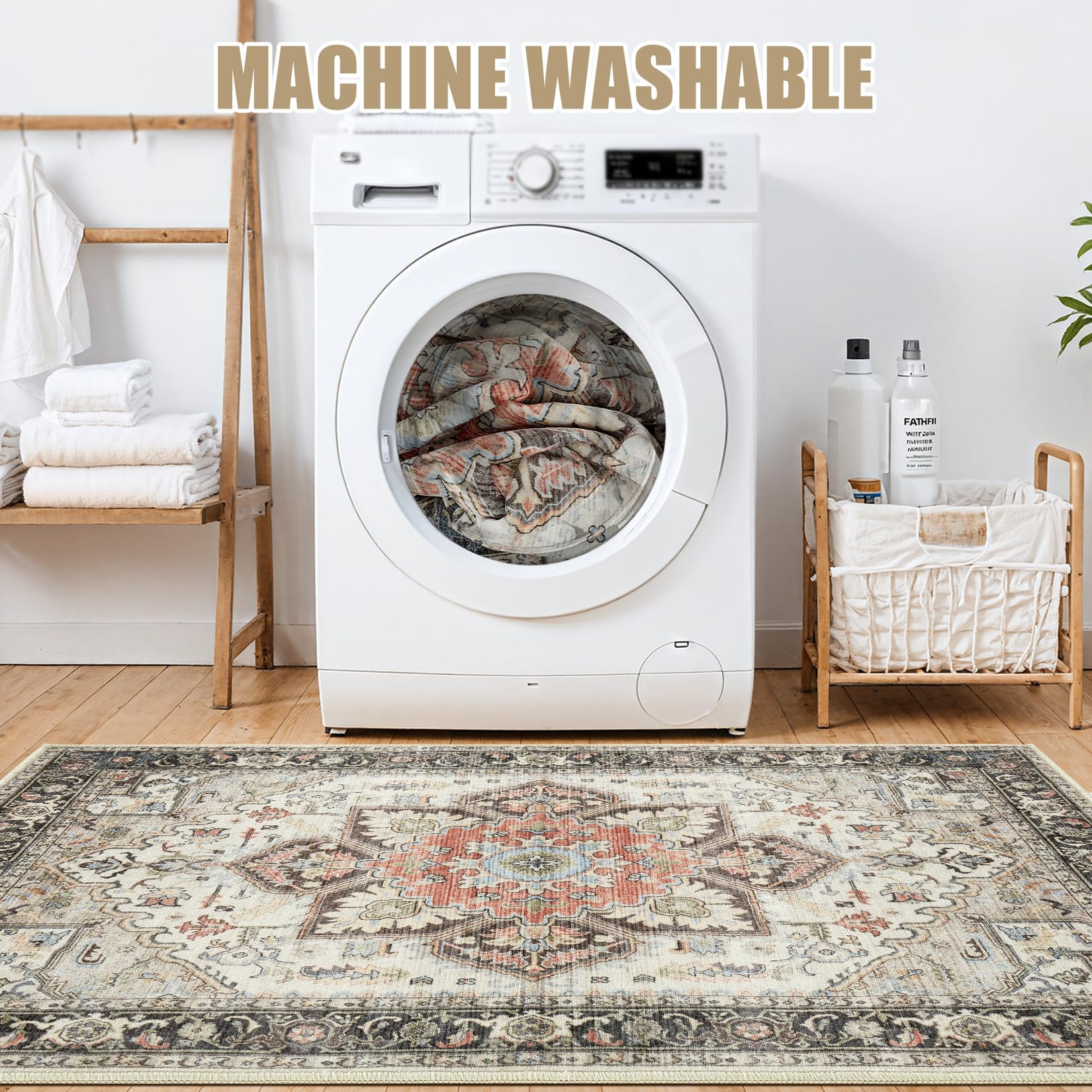 Homewill Area Rug Living Room Rugs - 8X10 Soft Machine Washable Oriental Vintage Floral Distressed Rug Large Indoor Floor Carpet