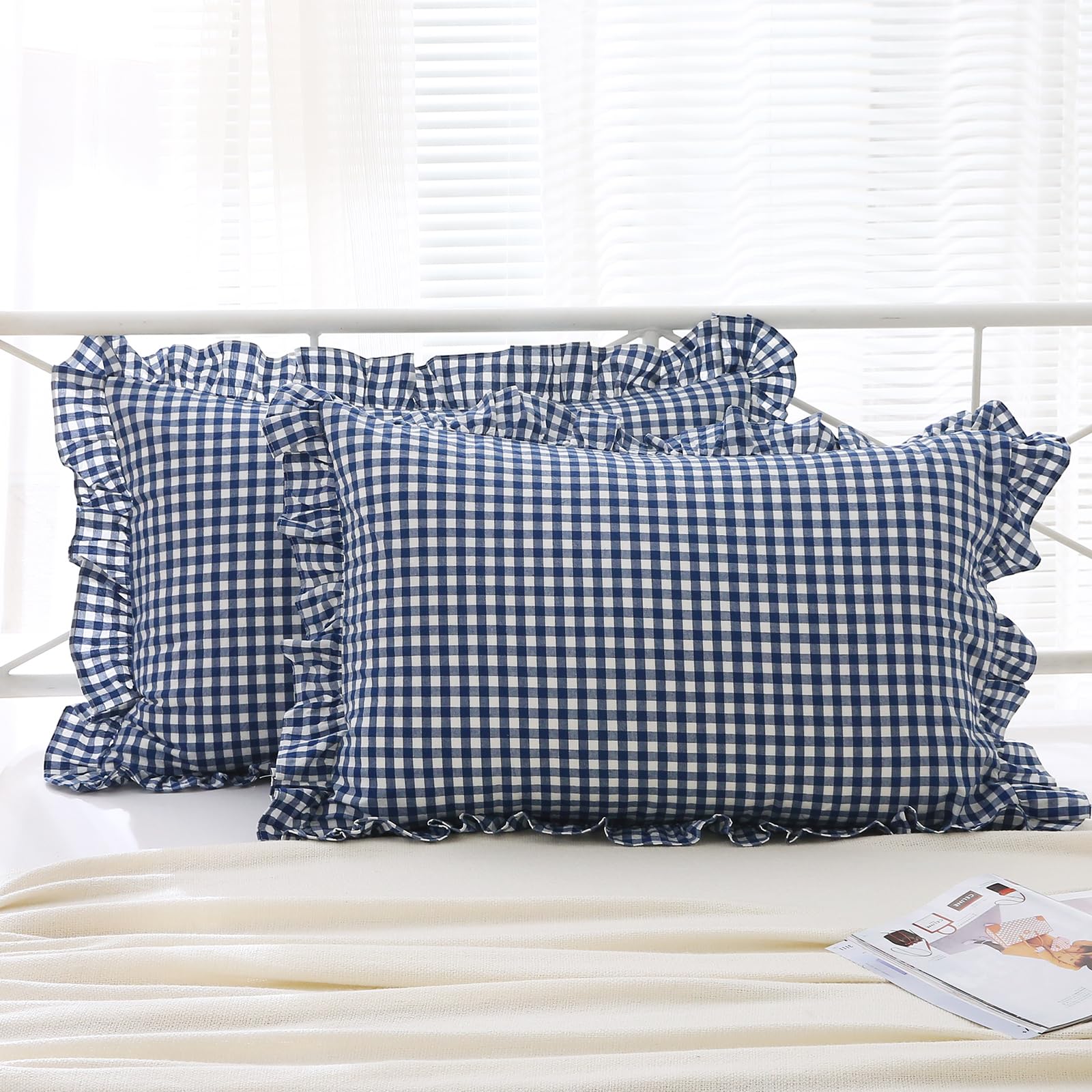 K Masaniji 2 Pack Navy Blue White Plaid Ruffle Pillow Shams Standard Size 20X26 Inches, 100% Cotton Gingham Checkered Farmhouse