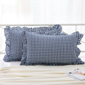 K Masaniji 2 Pack Navy Blue White Plaid Ruffle Pillow Shams Standard Size 20X26 Inches, 100% Cotton Gingham Checkered Farmhouse
