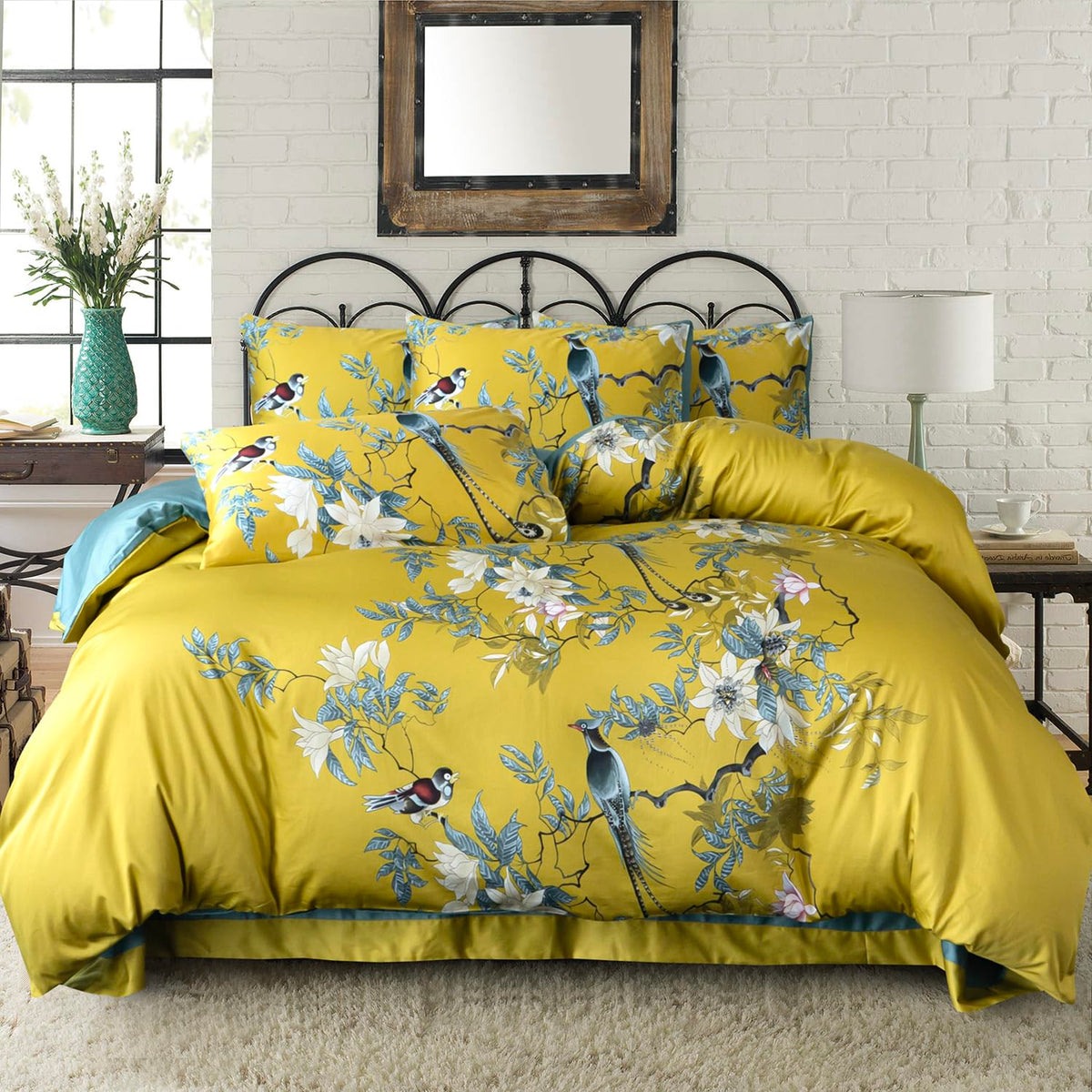 Duvet Cover Queen Floral 100% Soft Cotton Birds Bedding Set 3 Pieces Birds Queen Duvet Cover For All Seasons 1 Duvet Cover And 2