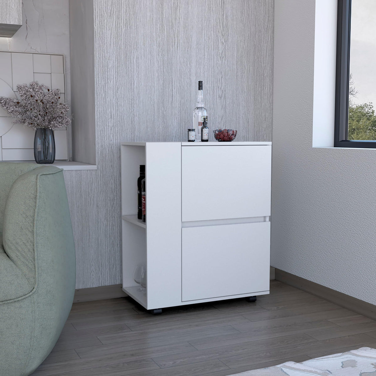 Depot E-Shop 32&quot; H White Bar-Coffee Cart, Kitchen Or Living Room Furniture With 4 Wheels, Folding Surface, 2 Central Drawers Covered By Folding Doors, Storage For Glasses, Snacks.