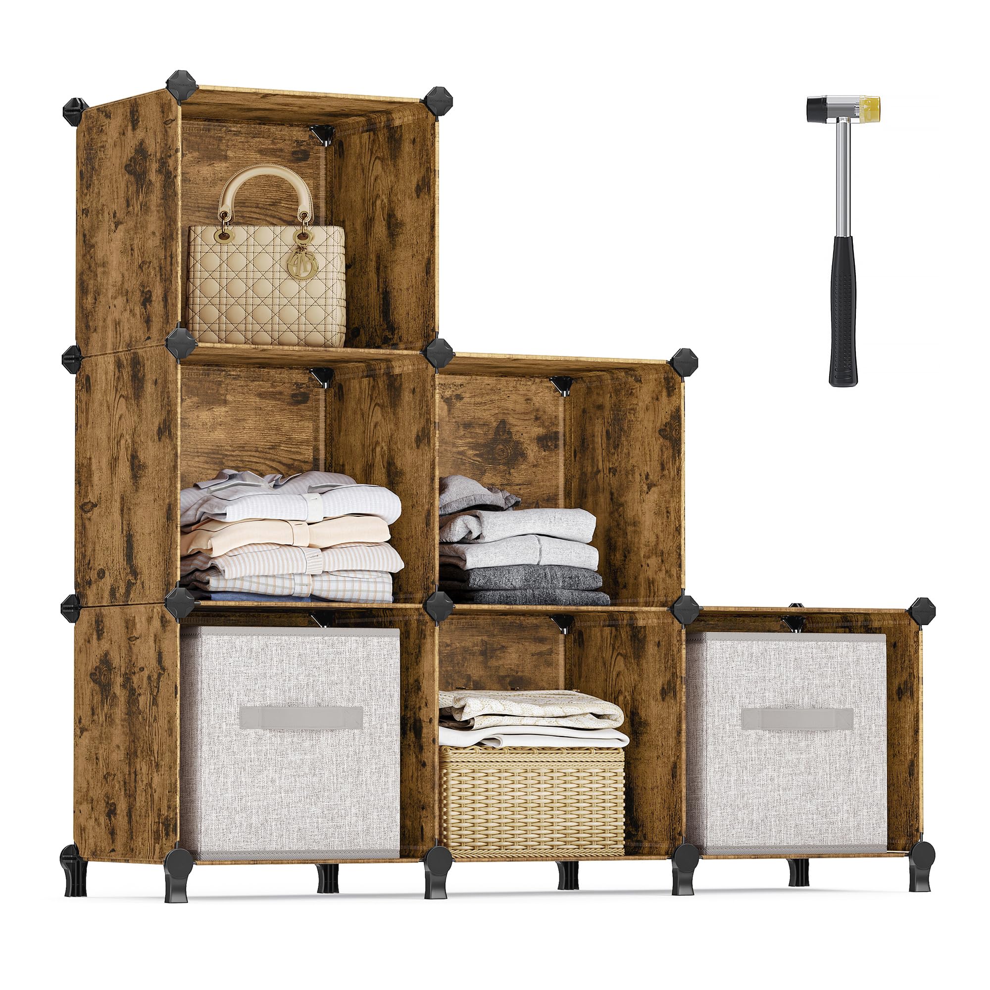 SONGMICS 6 Cube Storage Organizer, DIY Closet Shelf, Plastic Clothes Organizer, Modular Bookcase, 14.6 x 13 x 13 Inch Cubes, wit