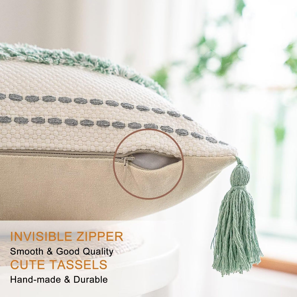 Buiovbey Boho Throw Pillow Covers 18X18 Set Of 2 Woven Tufted Farmhouse Pillows Cover With Tassels Textured Striped Cushion Case