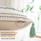 Buiovbey Boho Throw Pillow Covers 18X18 Set Of 2 Woven Tufted Farmhouse Pillows Cover With Tassels Textured Striped Cushion Case