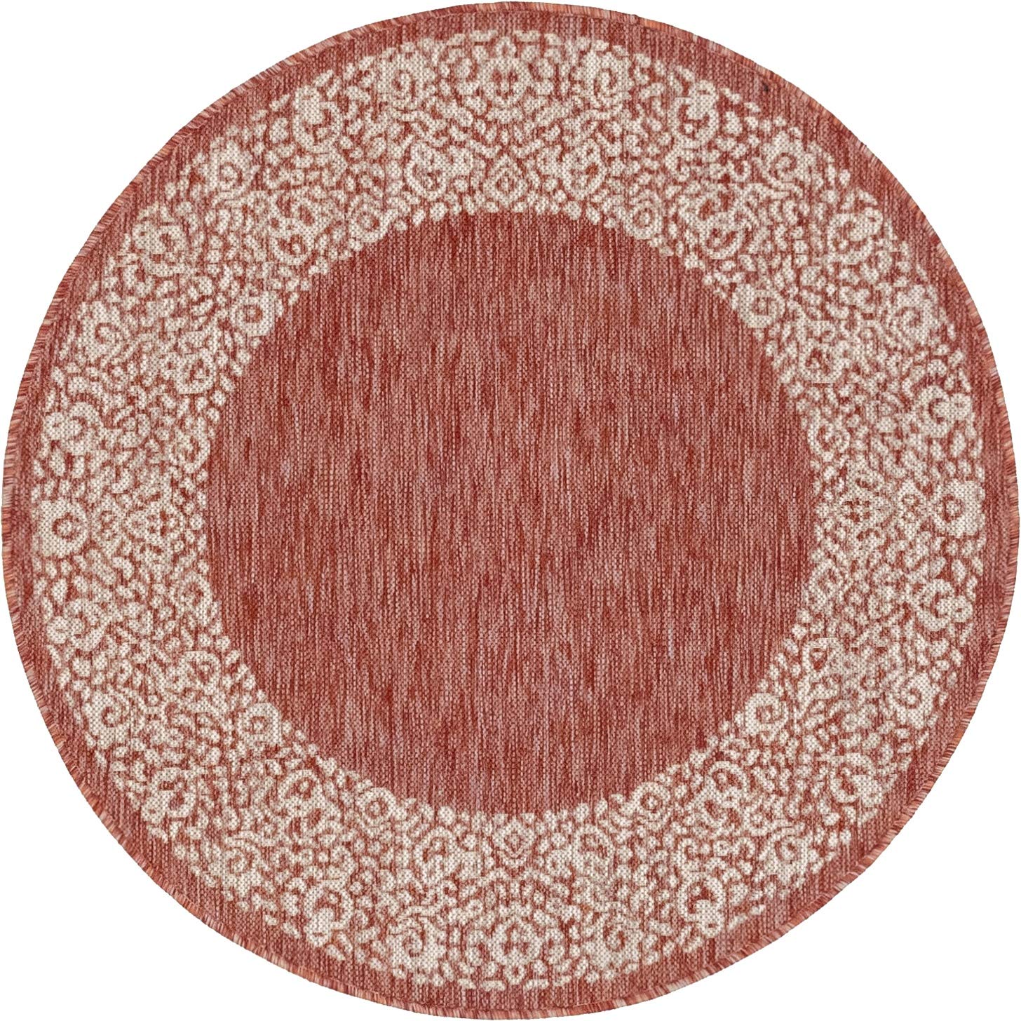 Unique Loom Outdoor Border Collection Area Rug - Floral Border (4' 1' Round, Rust Red/ Ivory)