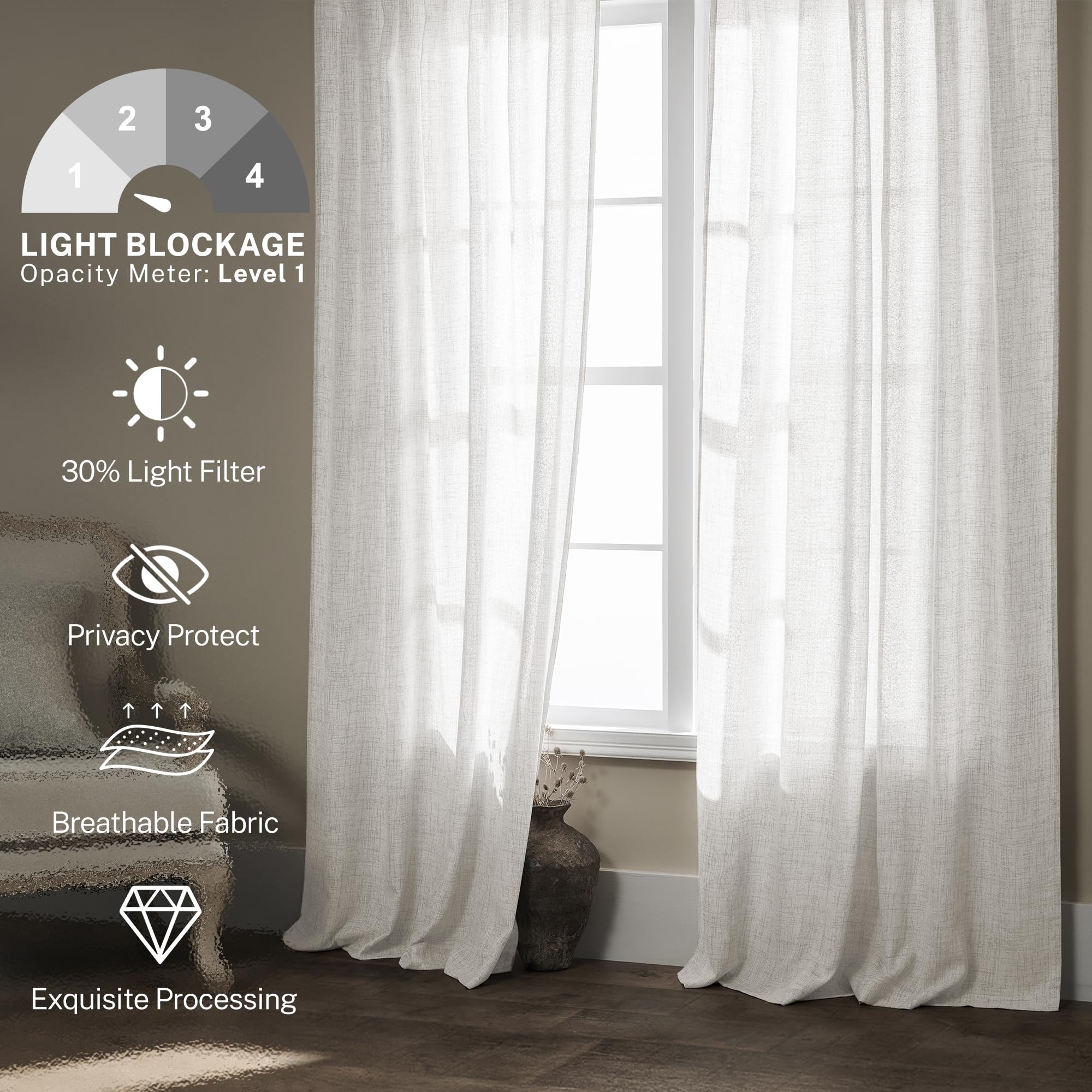 Meetbily Ivory Linen Curtains 108 Inches Long For Living Room 2 Panel Set Cream White Back Tab Semi Sheer Linen Drapes Neutral F