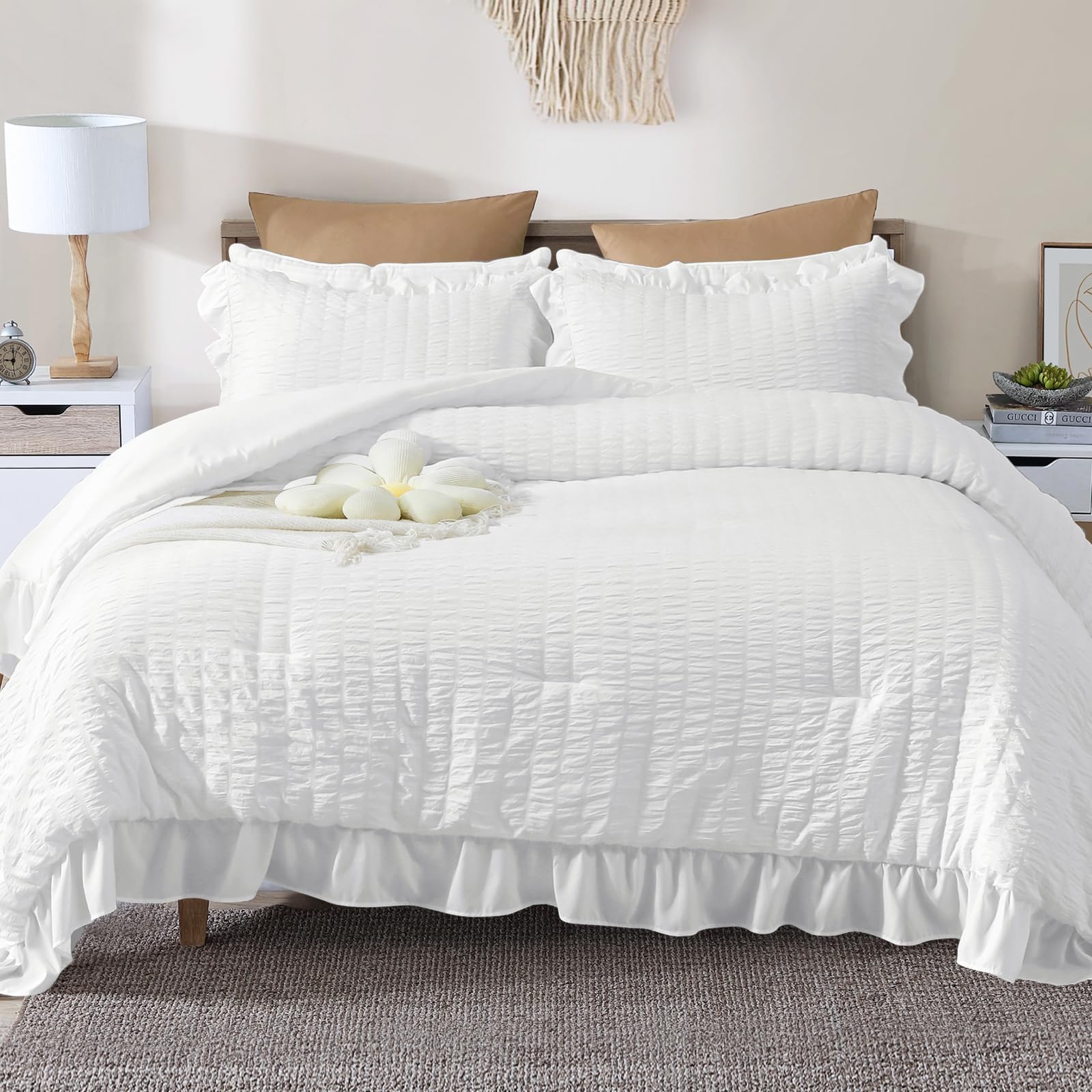 Jollyvogue King Comforter Set, 3 Pieces White Seersucker Comforters King Size, Lightweight & Fluffy Bedding Sets King For All Se