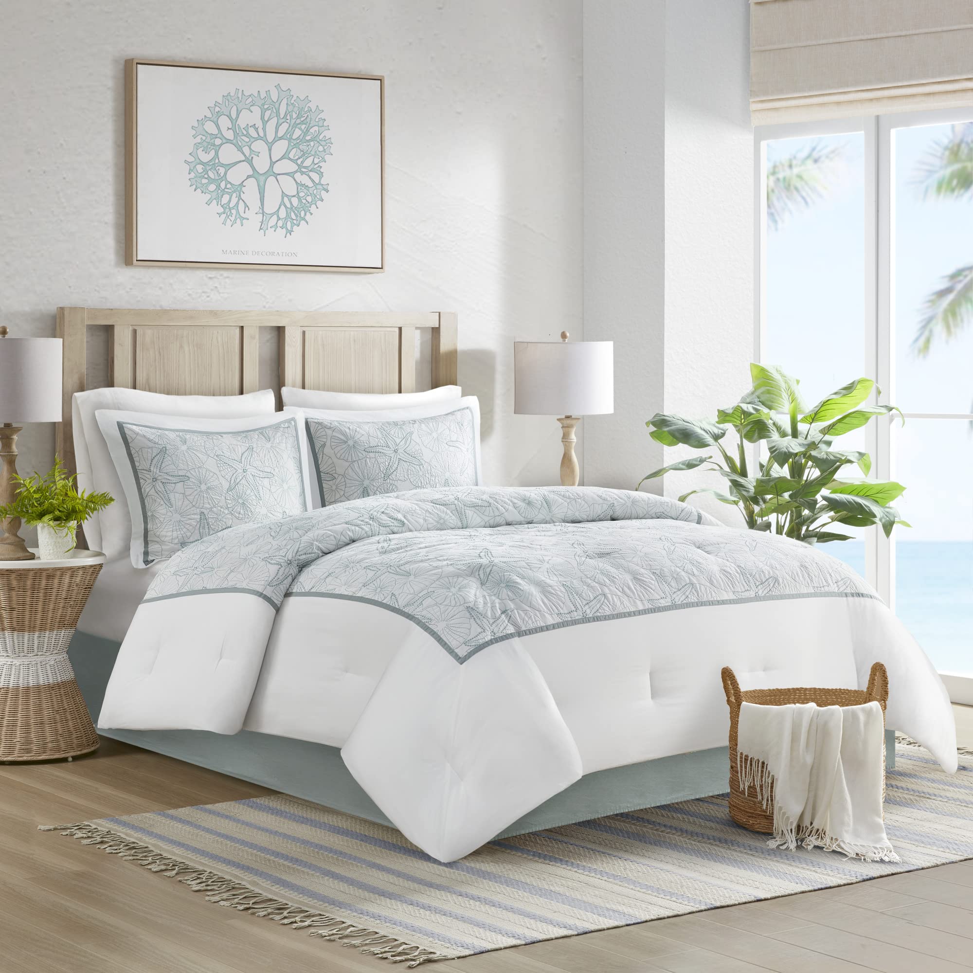 Harbor House Cotton Comforter Set - Coastal Oceanic Sealife Design, All Season Down Alternative Bedding With Matching Shams, Bedskirt, Maya Bay, Seafoam Blue King(108'X96') 4 Piece