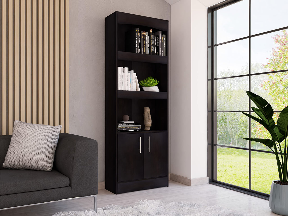 Dozza 71-inch Tall Bookcase with 3 Shelves, Double Door Cabinet, and Metal Hardware, Black Wenge