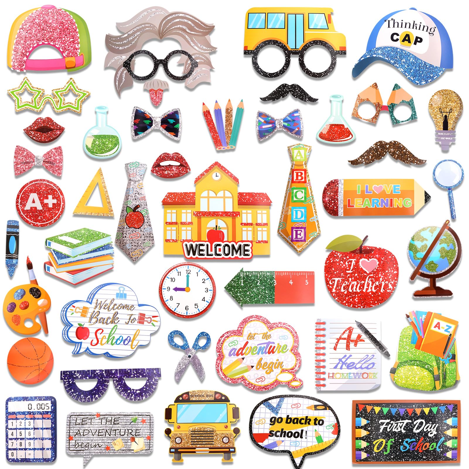 Howaf Back To School Photo Booth Props, 45 Pieces First Day Of School Glitter Party Decorations Welcome Back To School Classroom