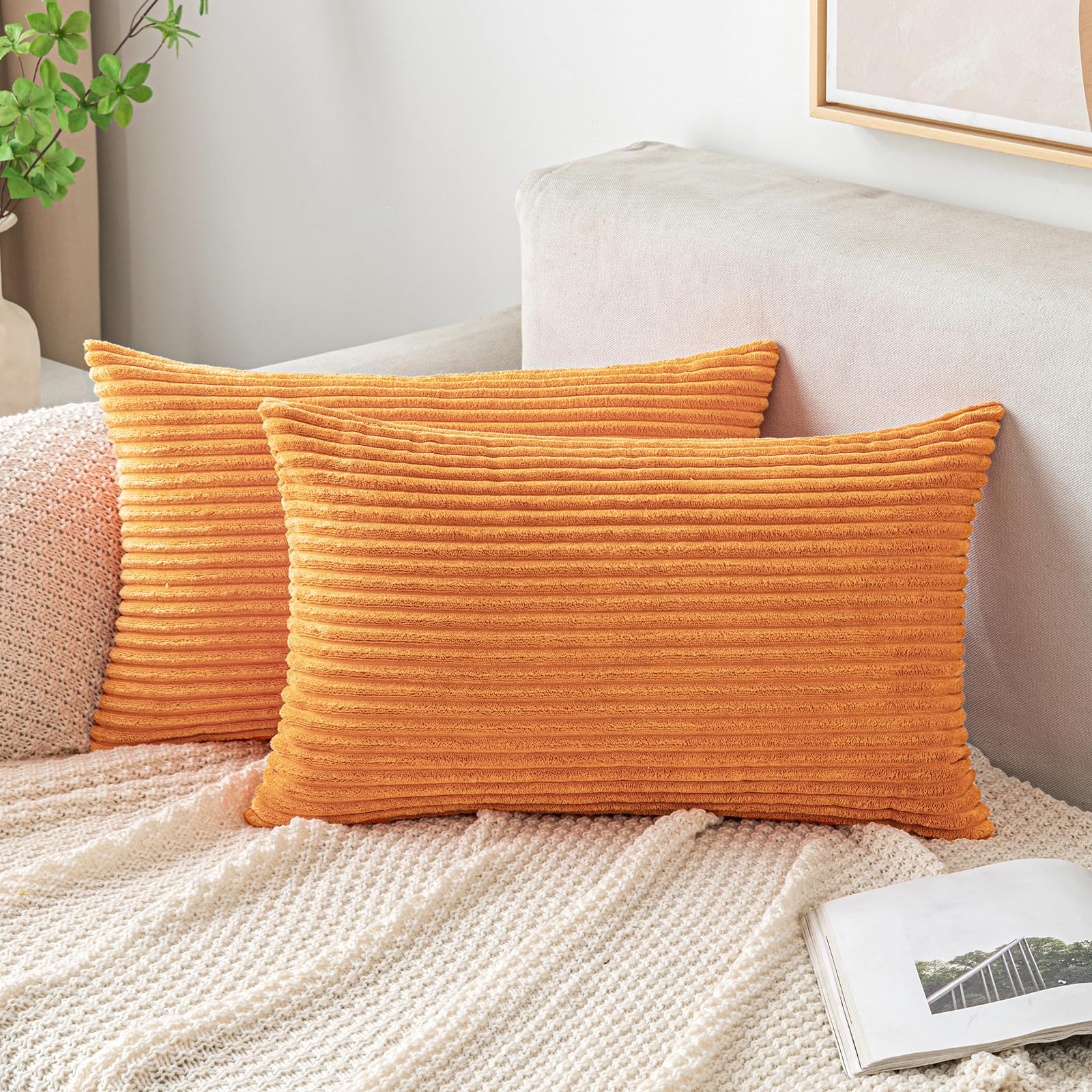Emema Fall Burnt Orange Throw Pillow Covers Corduroy Decorative Soft Striped Rectangle Cushion Covers Spring Pillowcases For Cou