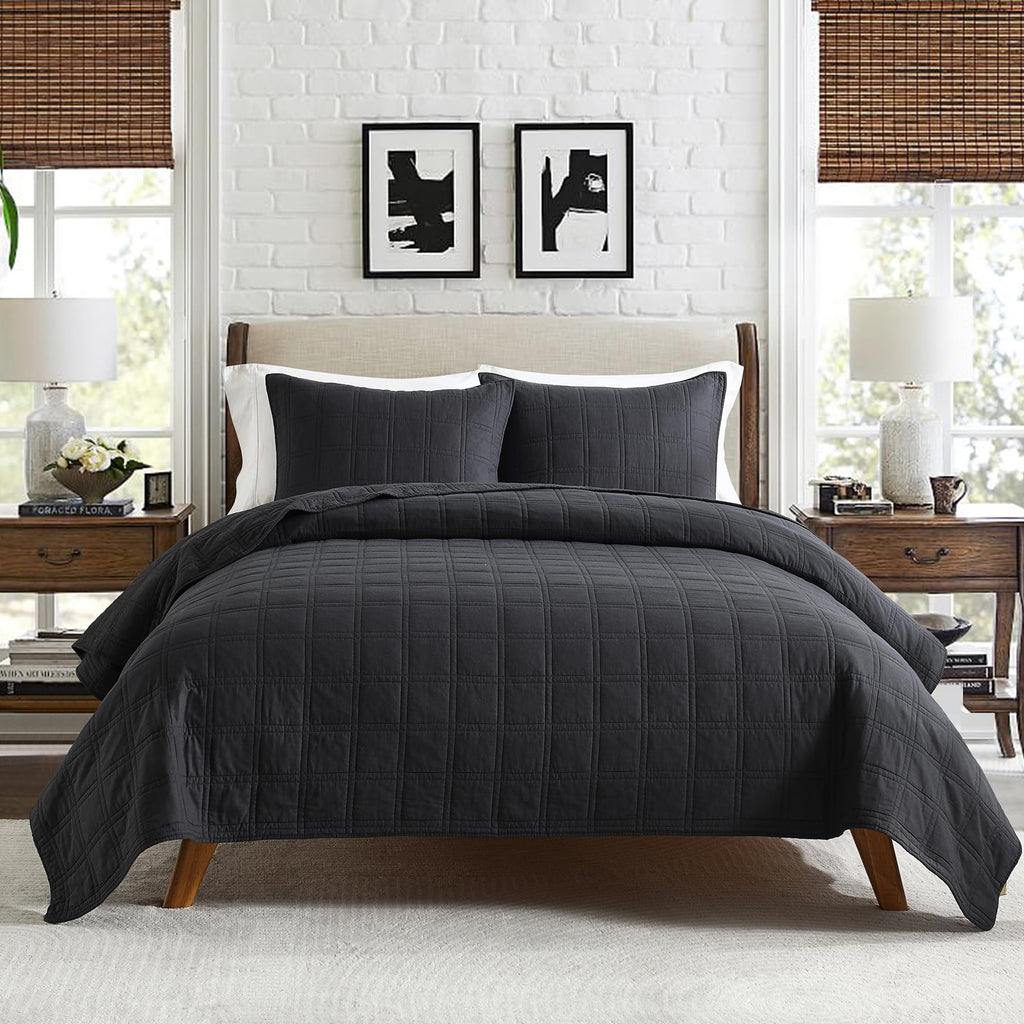 Horimote Home 100% Cotton Quilt Set Queen Size, Charcoal Pre-Washed Bedspreads Coverlet Set In Geometric Pattern, Cozy Lightweig