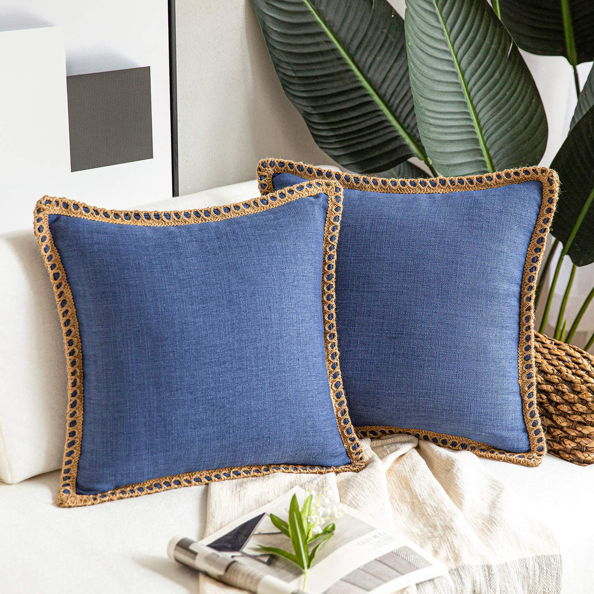 Phantoscope Pack Of 2 Farmhouse Decorative Solid Throw Decorative Pillow Cover Burlap Linen Trimmed Tailored Edges Navy Blue 24