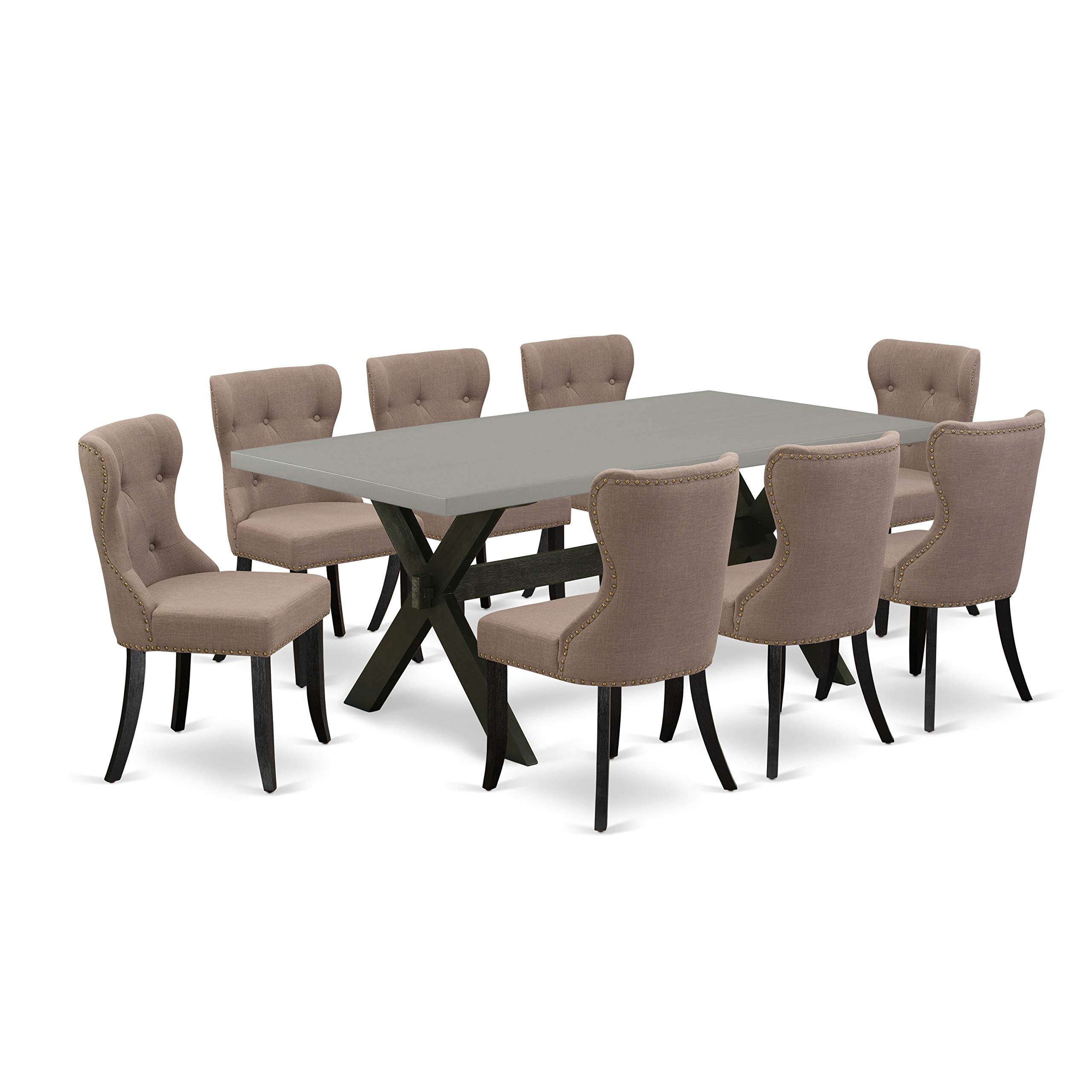 East West Furniture X697Si648-9 9 Piece Kitchen Table & Chairs Set Includes A Rectangle Dining Table With X-Legs And 8 Coffee Linen Fabric Parson Dining Chairs, 40X72 Inch, Multi-Color