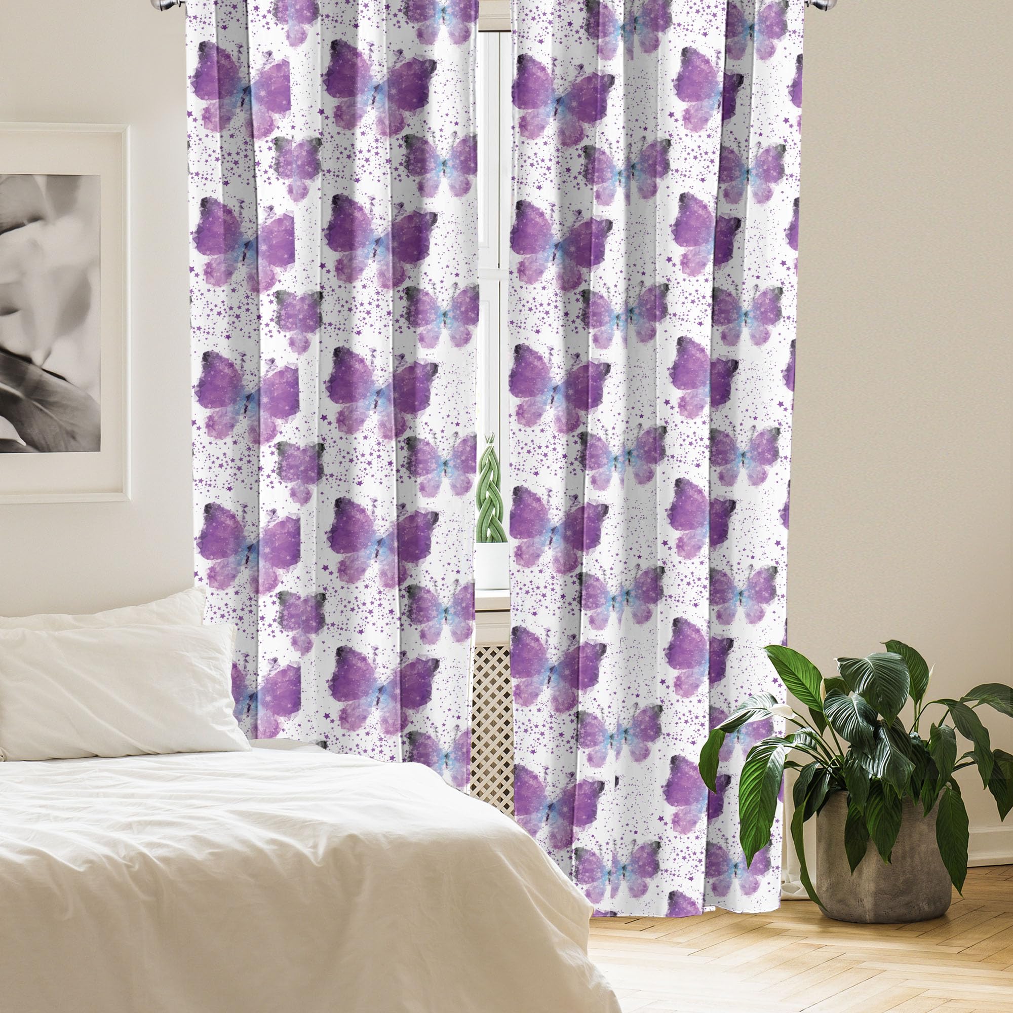 Ambesonne Butterfly Curtains, Surreal Star Patterned Background With Polygonal Butterflies Modern, Window Treatments 2 Panel Set