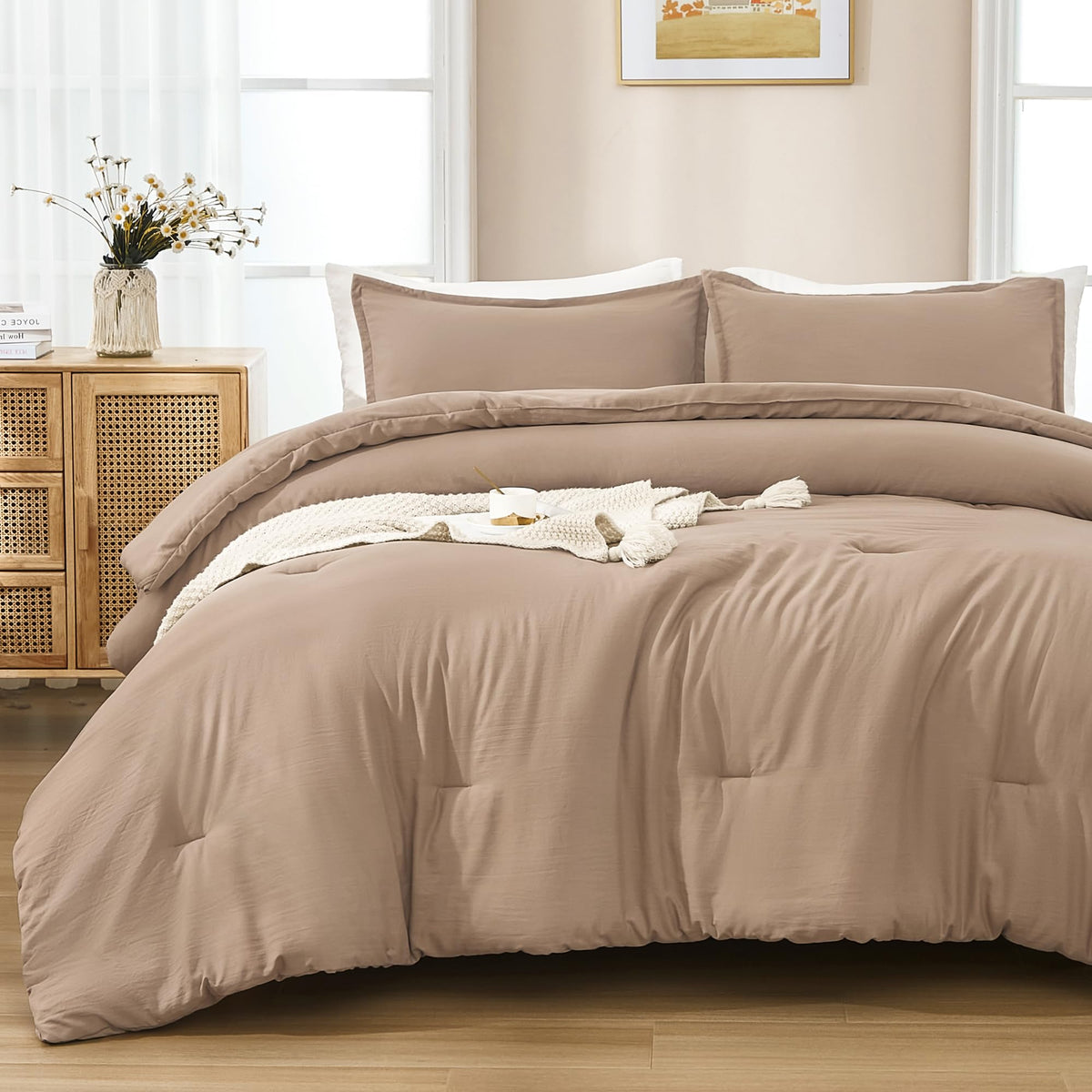 Andency Taupe King Size Comforter Set - 7 Pieces Khaki Tan Bed In A Bag King Bedding Comforter Sets, Summer Solid Soft Lightweig