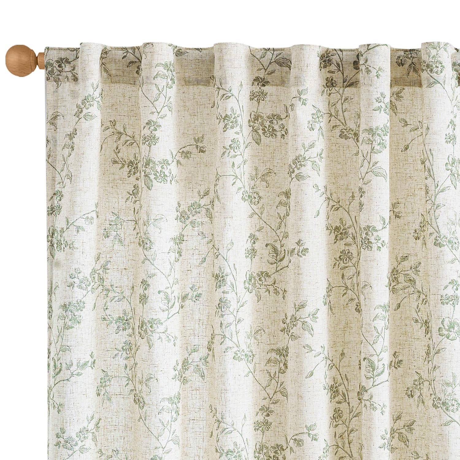 Lazzzy Green Floral Curtains 84 Inch Length Linen Farmhouse Curtain Back Tab Drapes for Living Room Bedroom Light Filtering Vint