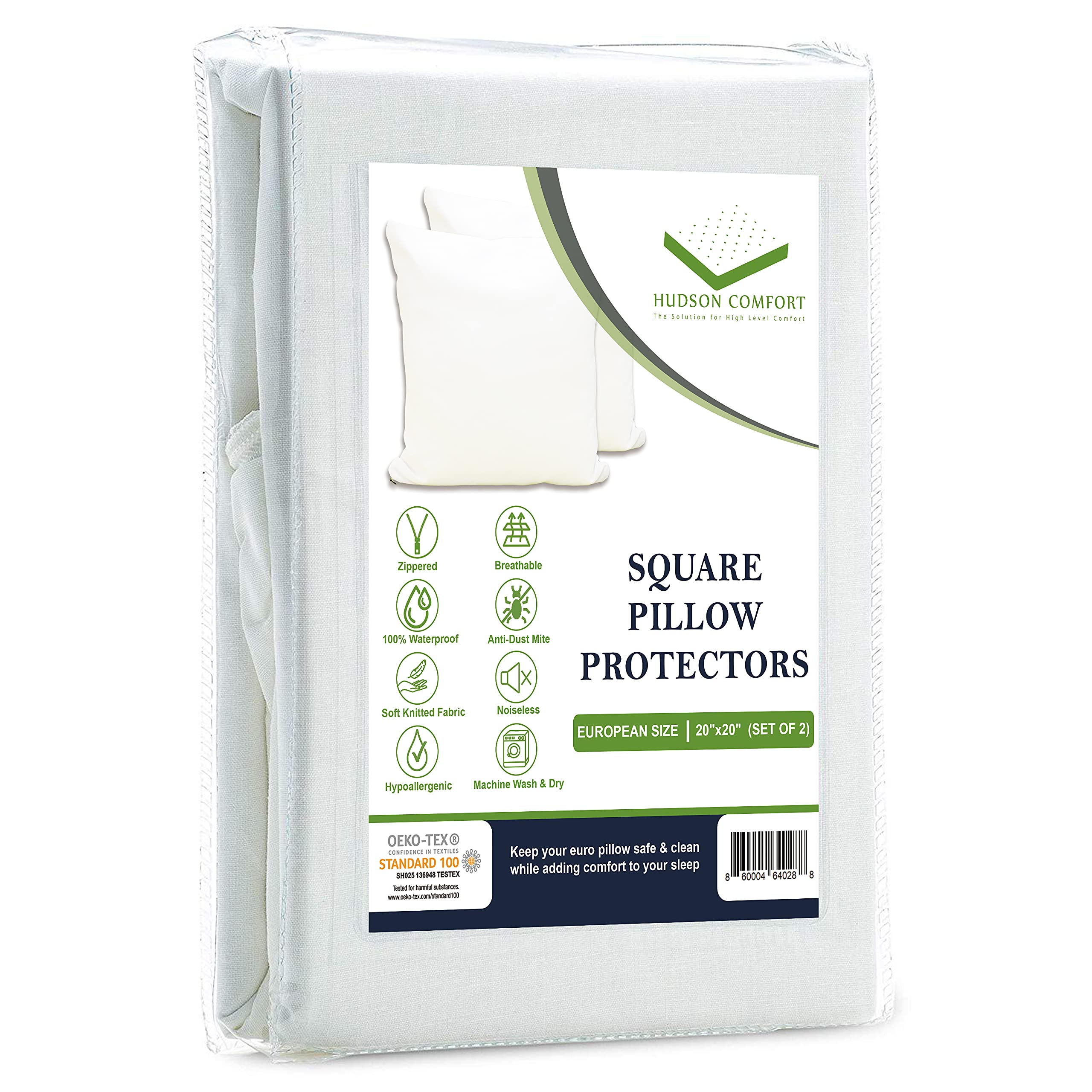 Hudson Comfort 20X20 Pillow Protector - 100% Waterproof, Prevents Feathers From Popping, European Square Zippered Pillow Covers